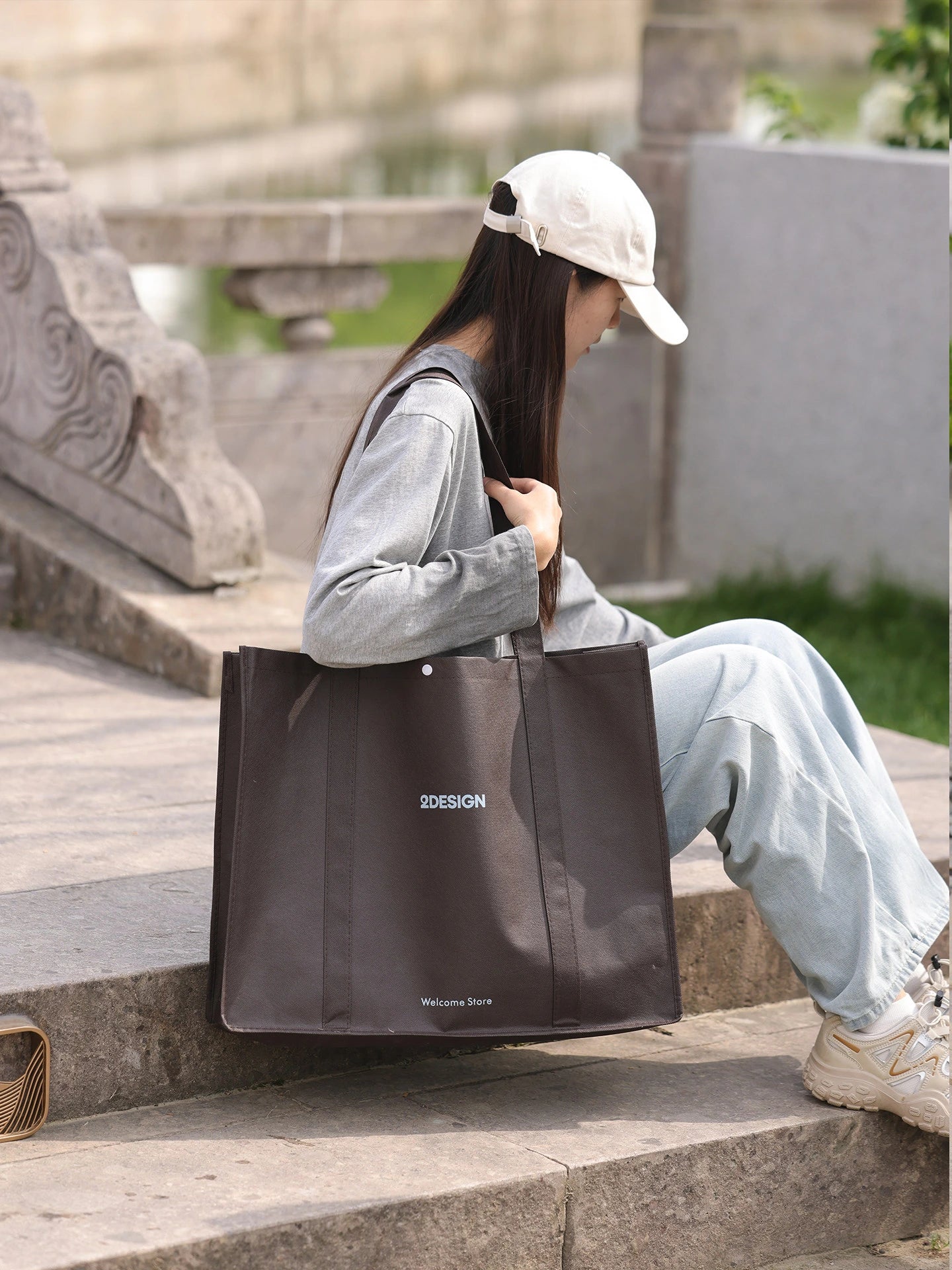 Stitched Haze-Blue Non-Woven Tote Bags — 6 Styles product view 3