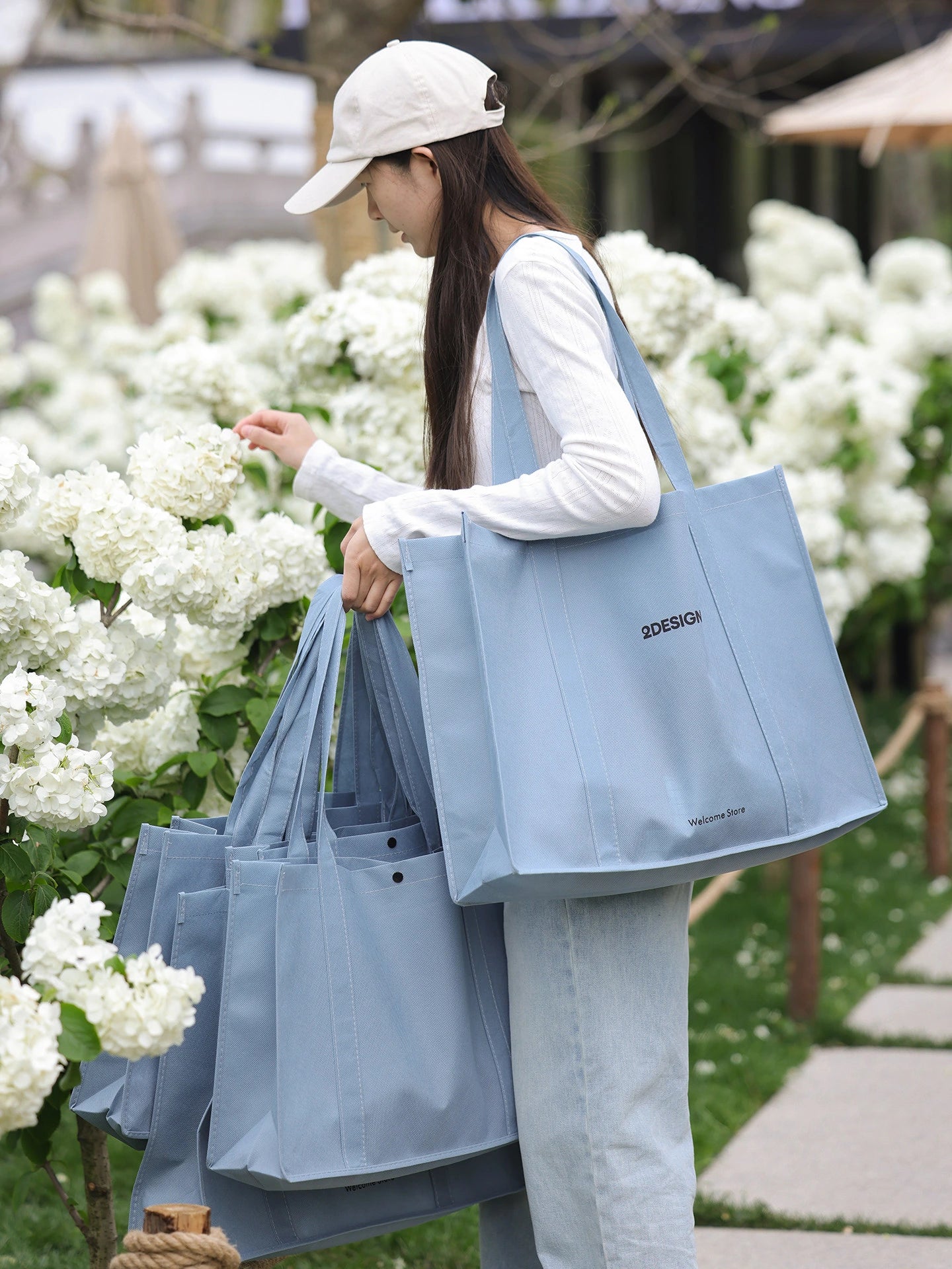 Stitched Haze-Blue Non-Woven Tote Bags — 6 Styles product view 5