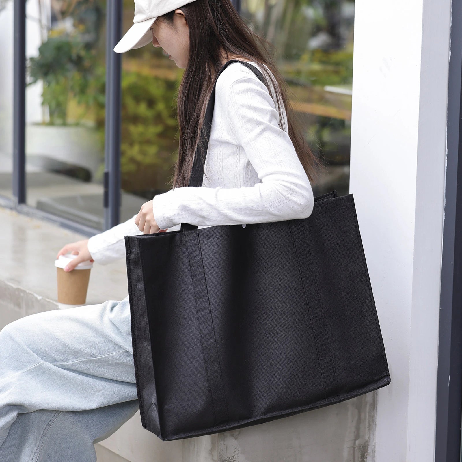 Stitched Haze-Blue Non-Woven Tote Bags — 6 Styles — Tote — Black