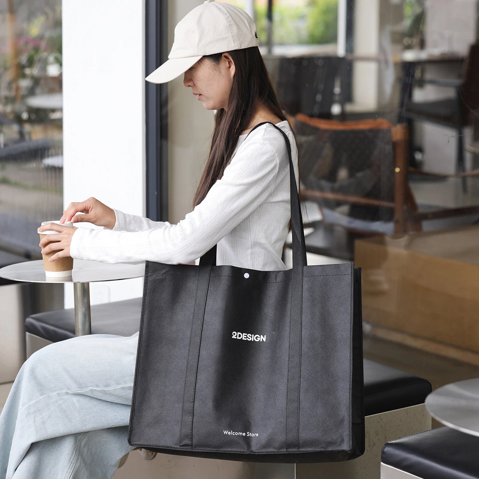 Stitched Haze-Blue Non-Woven Tote Bags — 6 Styles — Tote — BlackWhite Lettering