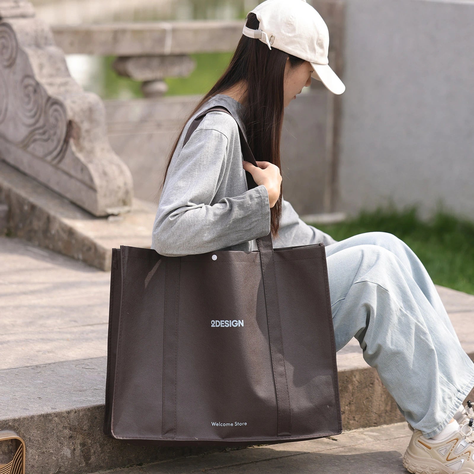 Stitched Haze-Blue Non-Woven Tote Bags — 6 Styles — Tote — Coffee BrownBlue Lettering