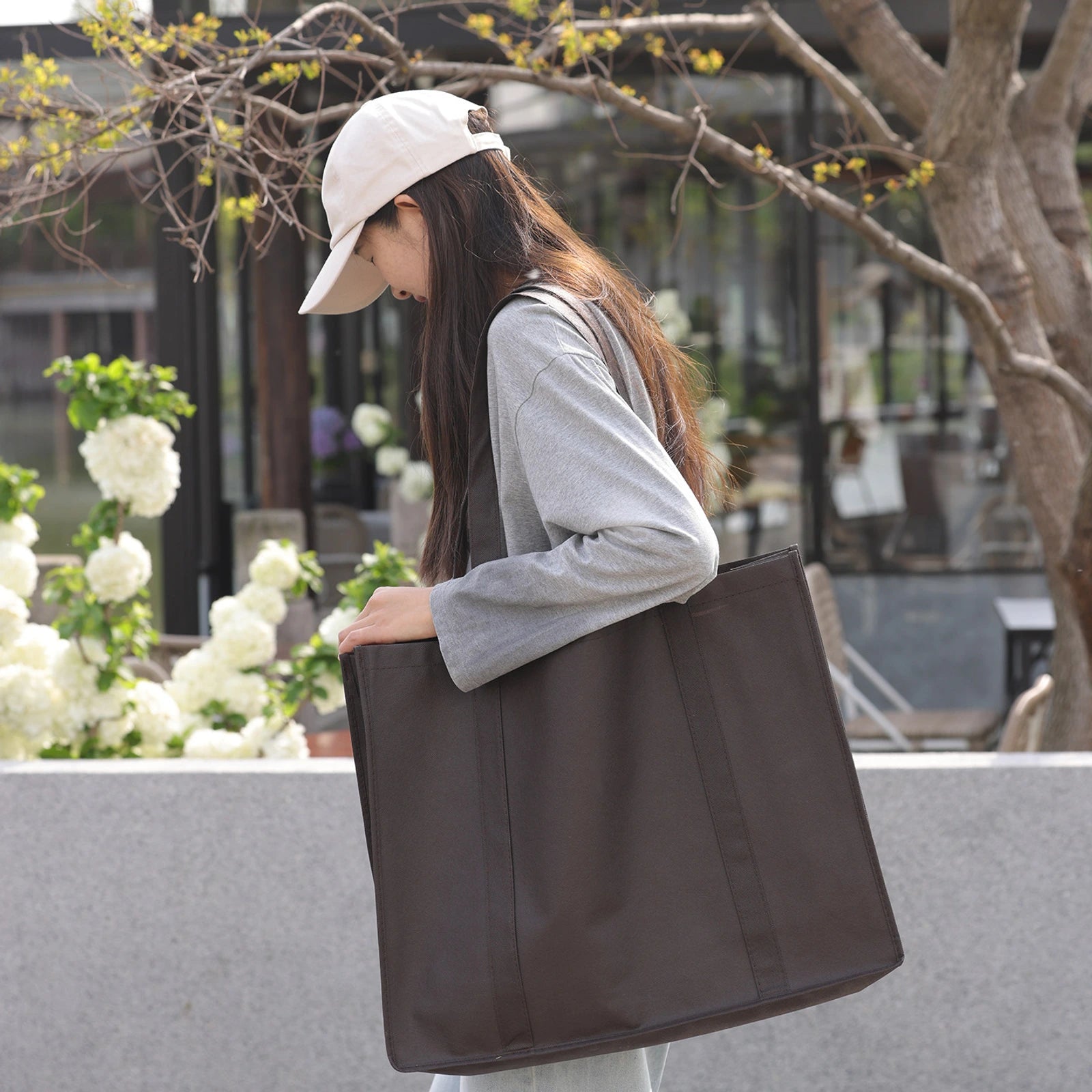 Stitched Haze-Blue Non-Woven Tote Bags — 6 Styles — Tote — Coffee BrownPlain