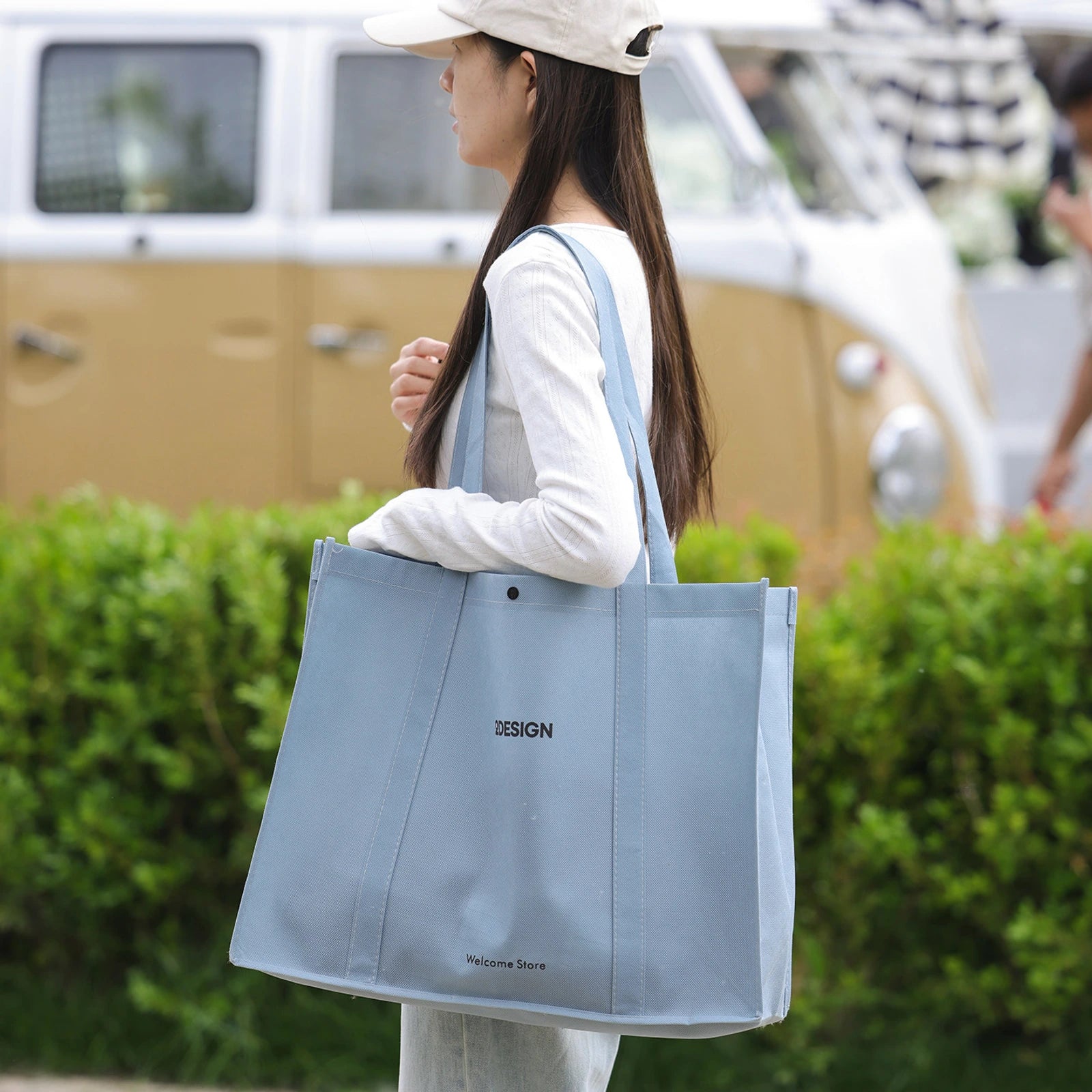 Stitched Haze-Blue Non-Woven Tote Bags — 6 Styles — Tote — Haze BlueBlack Print