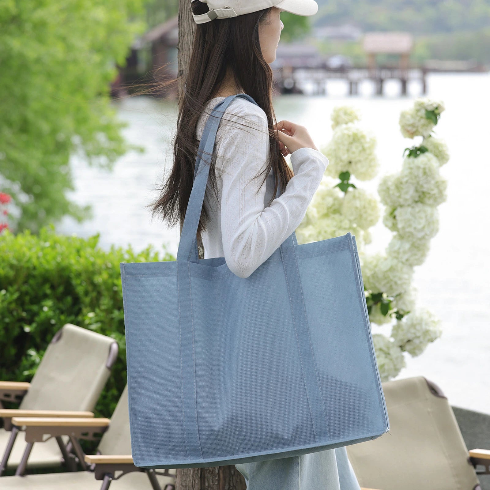 Stitched Haze-Blue Non-Woven Tote Bags — 6 Styles — Tote — Haze BluePlain