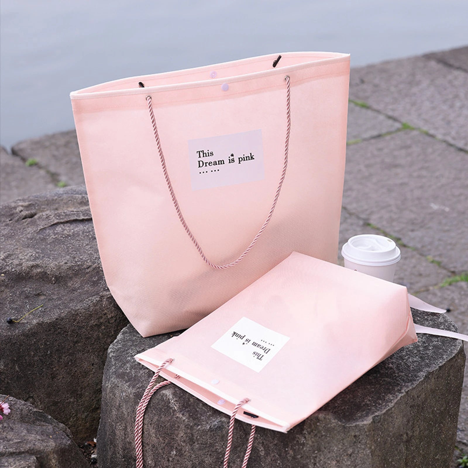 Stitched Non-Woven Garment Packaging Bags — 7 Styles — Inverted Trapezoid — PinkWhite Block