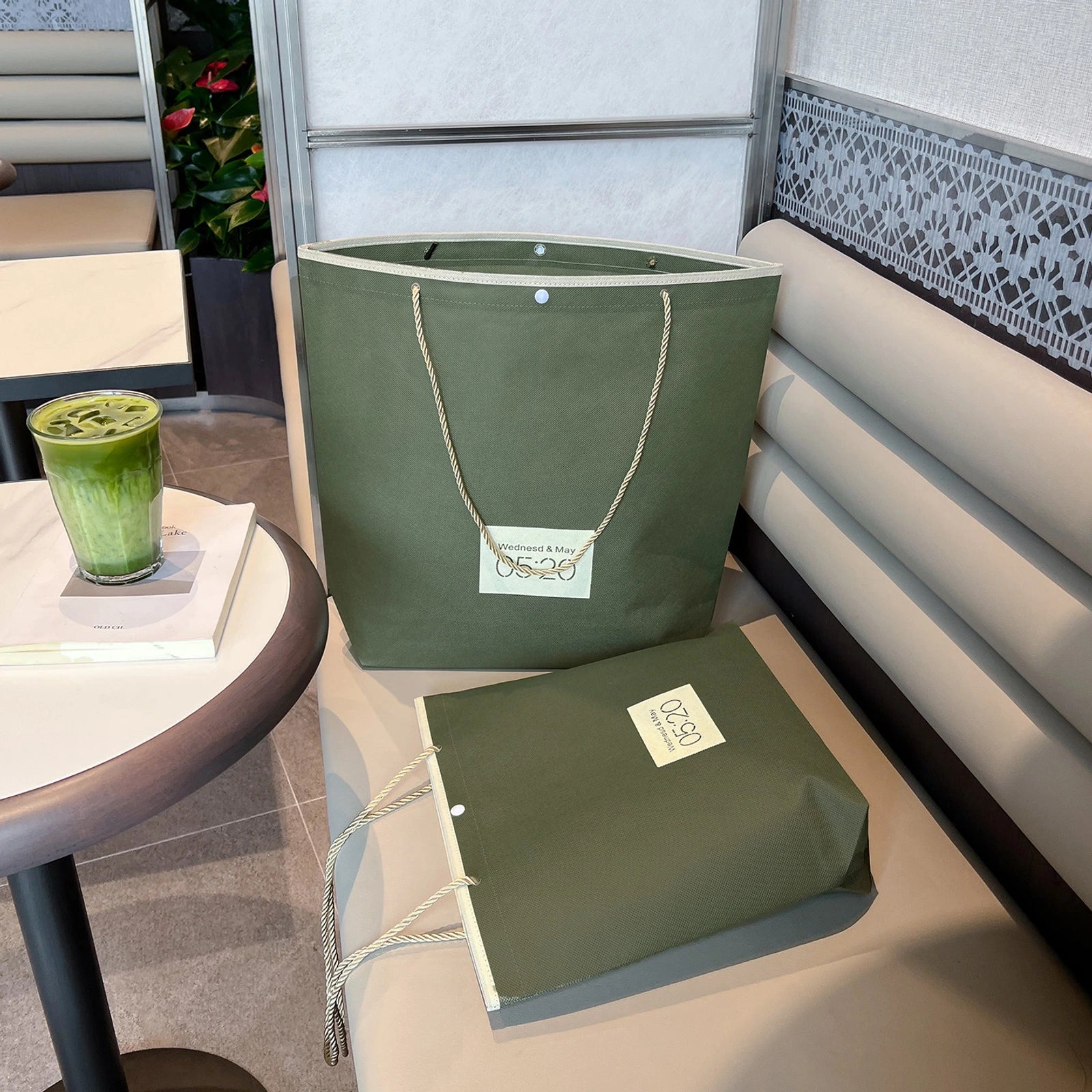 Stitched Non-Woven Tote Bags — 11 Styles — Inverted Trapezoid — Army Green 520 Print Print