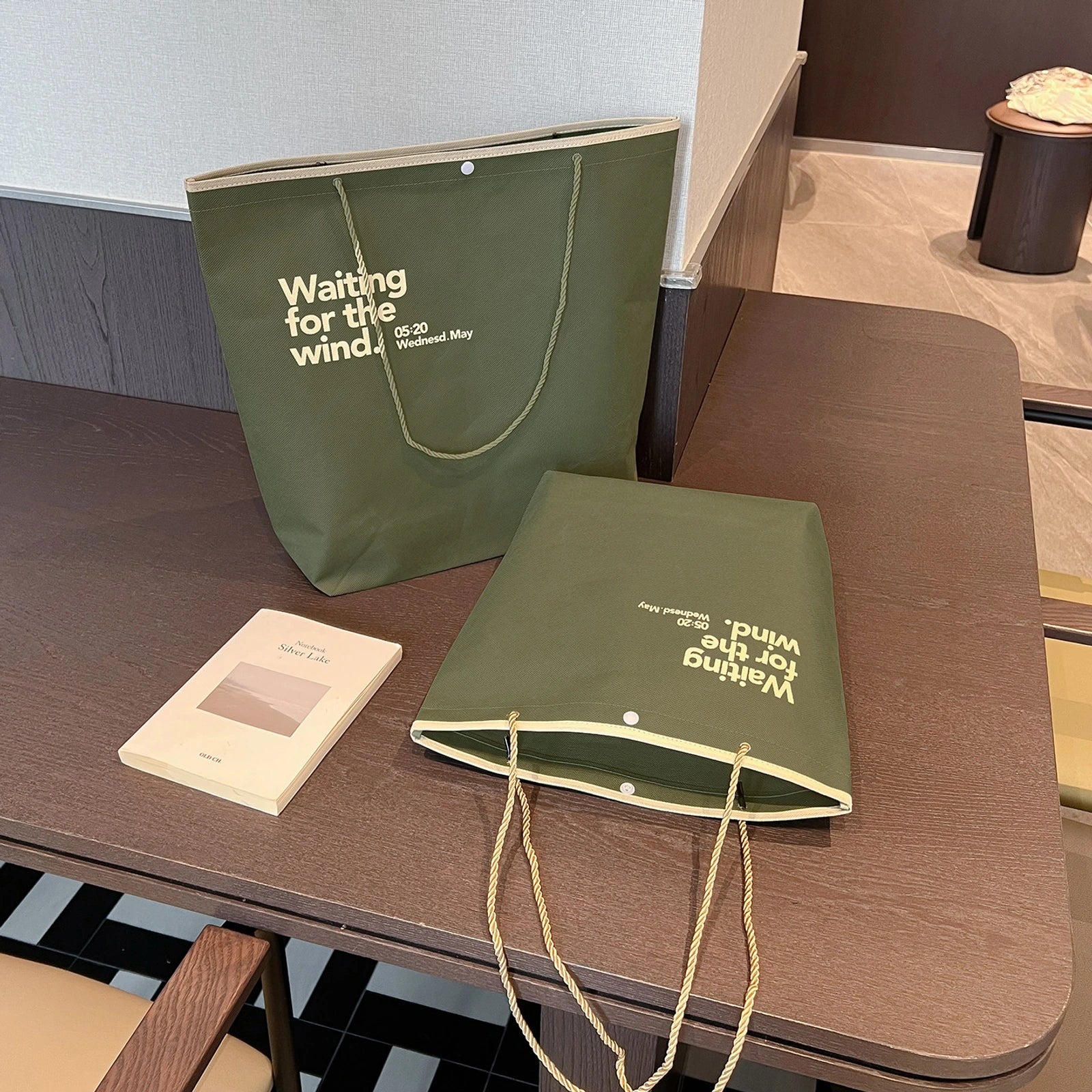 Stitched Non-Woven Tote Bags — 11 Styles — Inverted Trapezoid — Army Green English Print