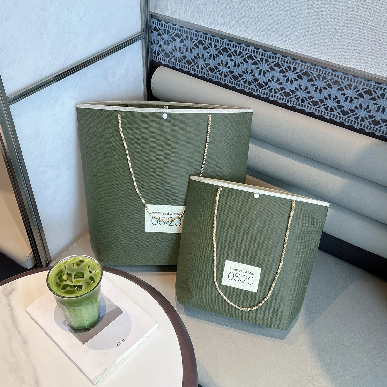 Stitched Non-Woven Tote Bags — 11 Styles — Inverted Trapezoid — Army Green520 Print