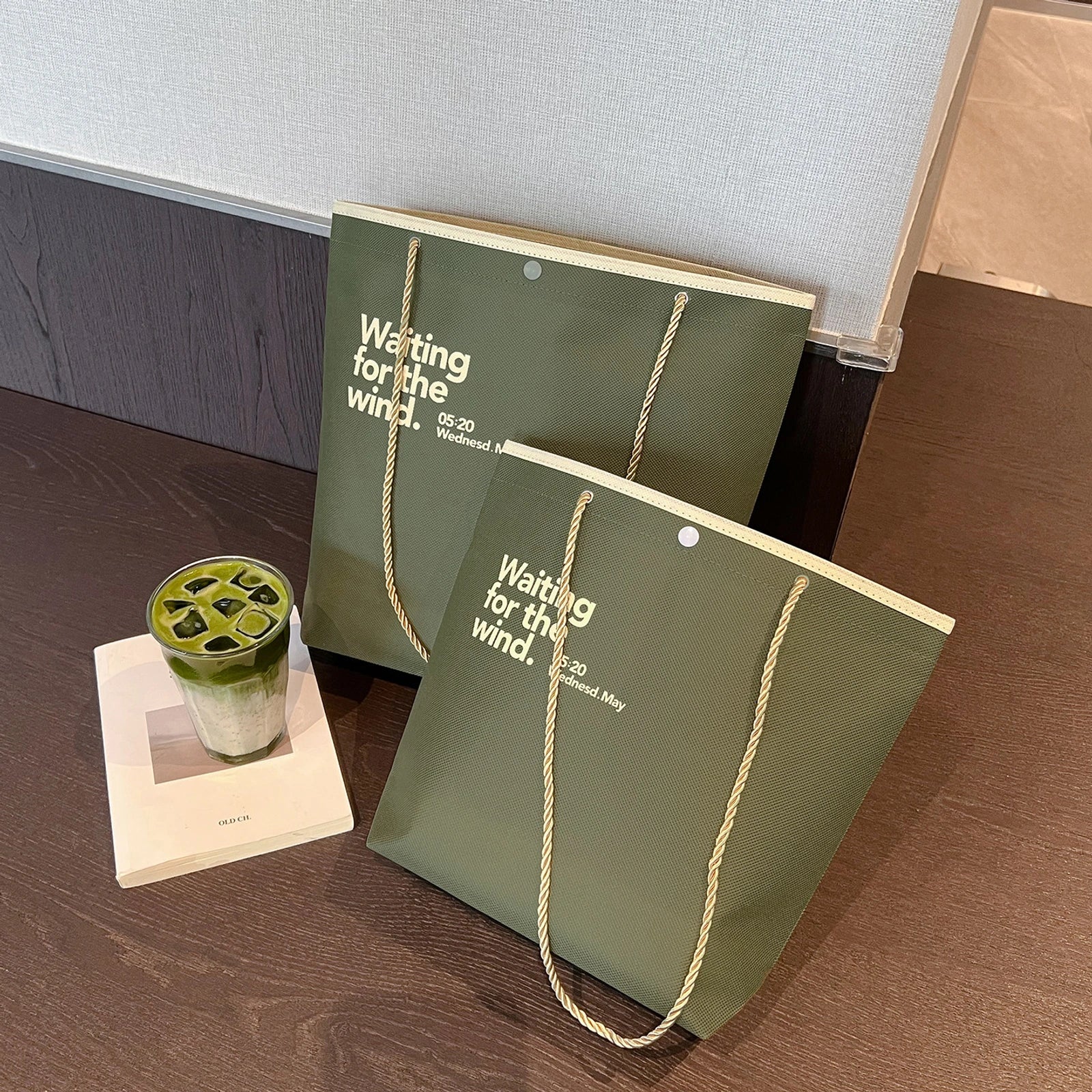 Stitched Non-Woven Tote Bags — 11 Styles — Inverted Trapezoid — Army GreenEnglish Print