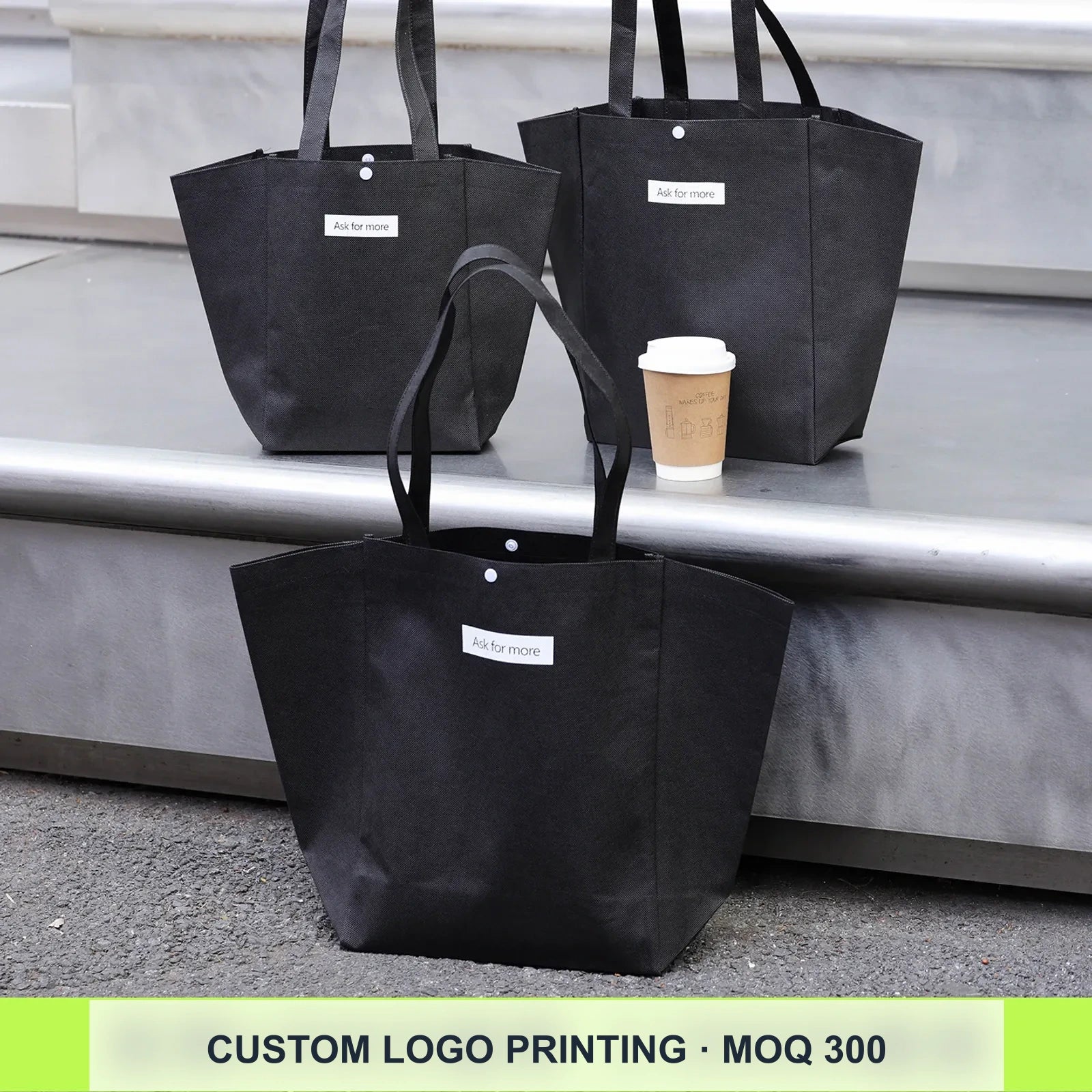 Stitched Non-Woven Tote Bags — 2 Styles — Color — Block — Black & White