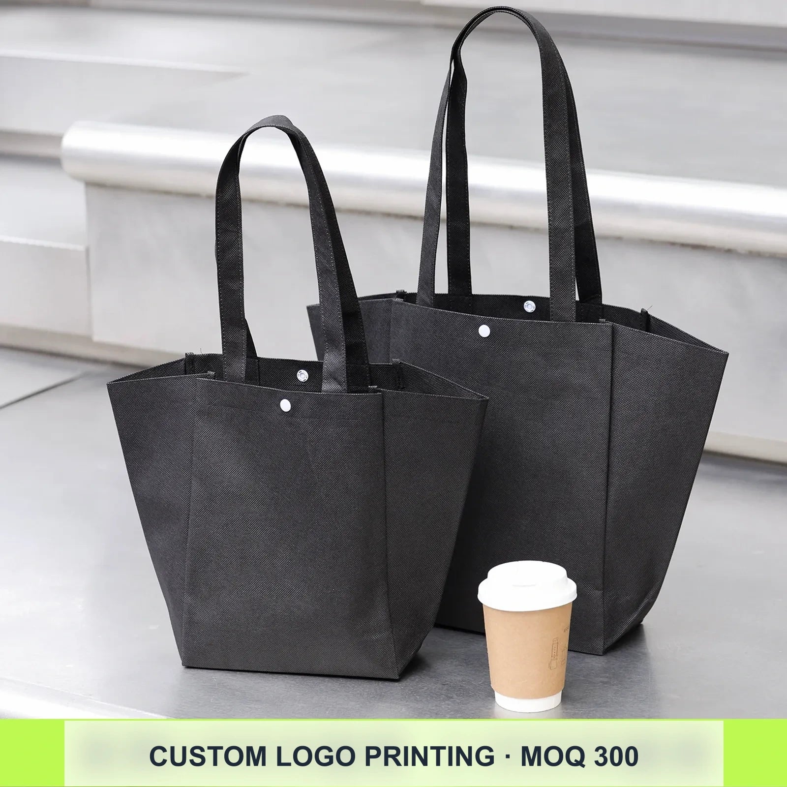 Stitched Non-Woven Tote Bags — 2 Styles — Color — Block — Solid Black