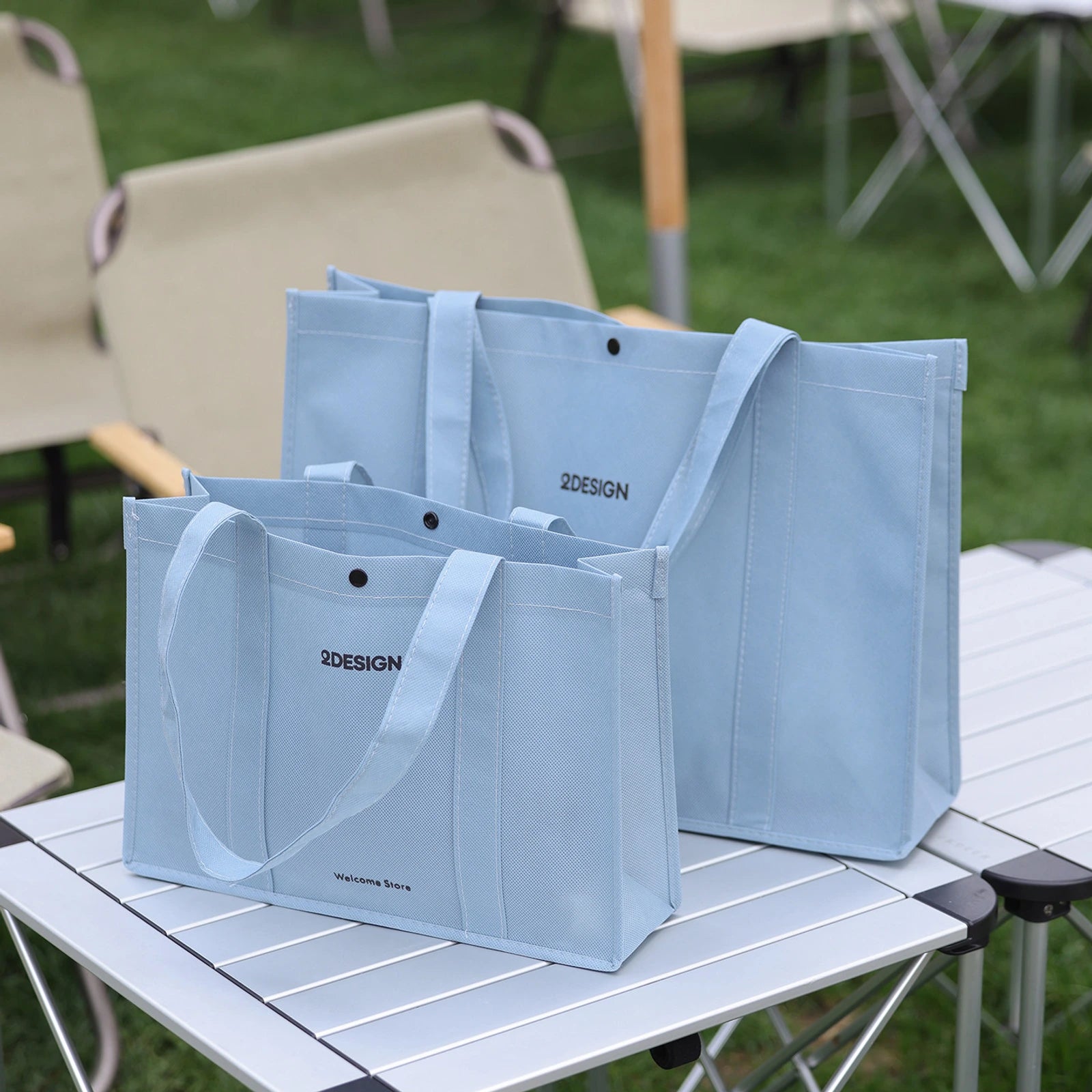 Stitched Non-Woven Tote Bags — 6 Styles — Tote — Blue with Black Print