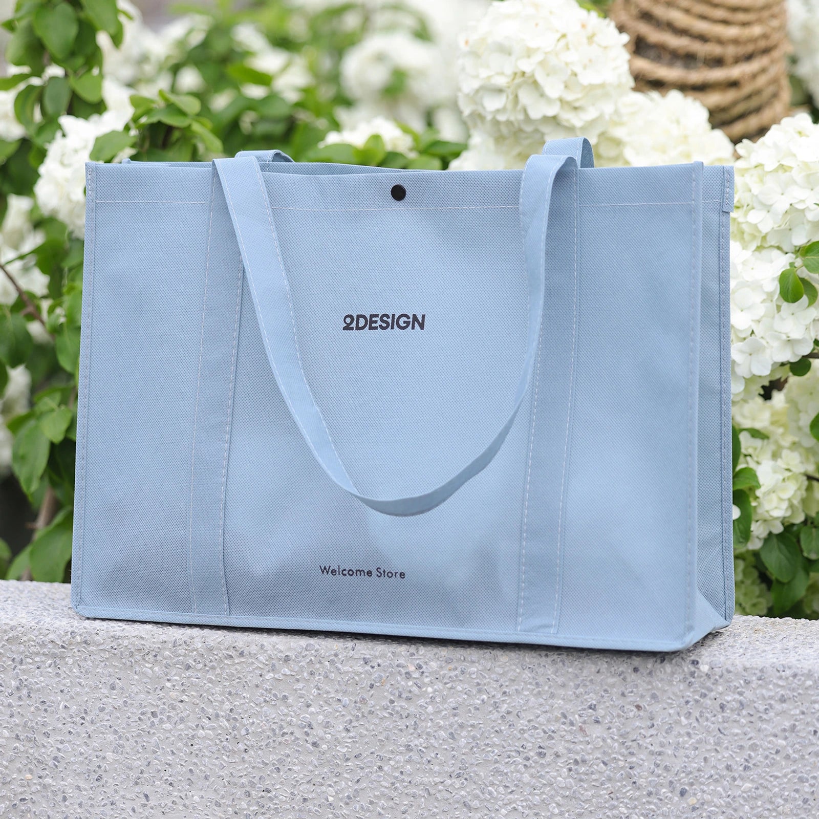 Stitched Non-Woven Tote Bags — 6 Styles — Tote — Blue with Black Print
