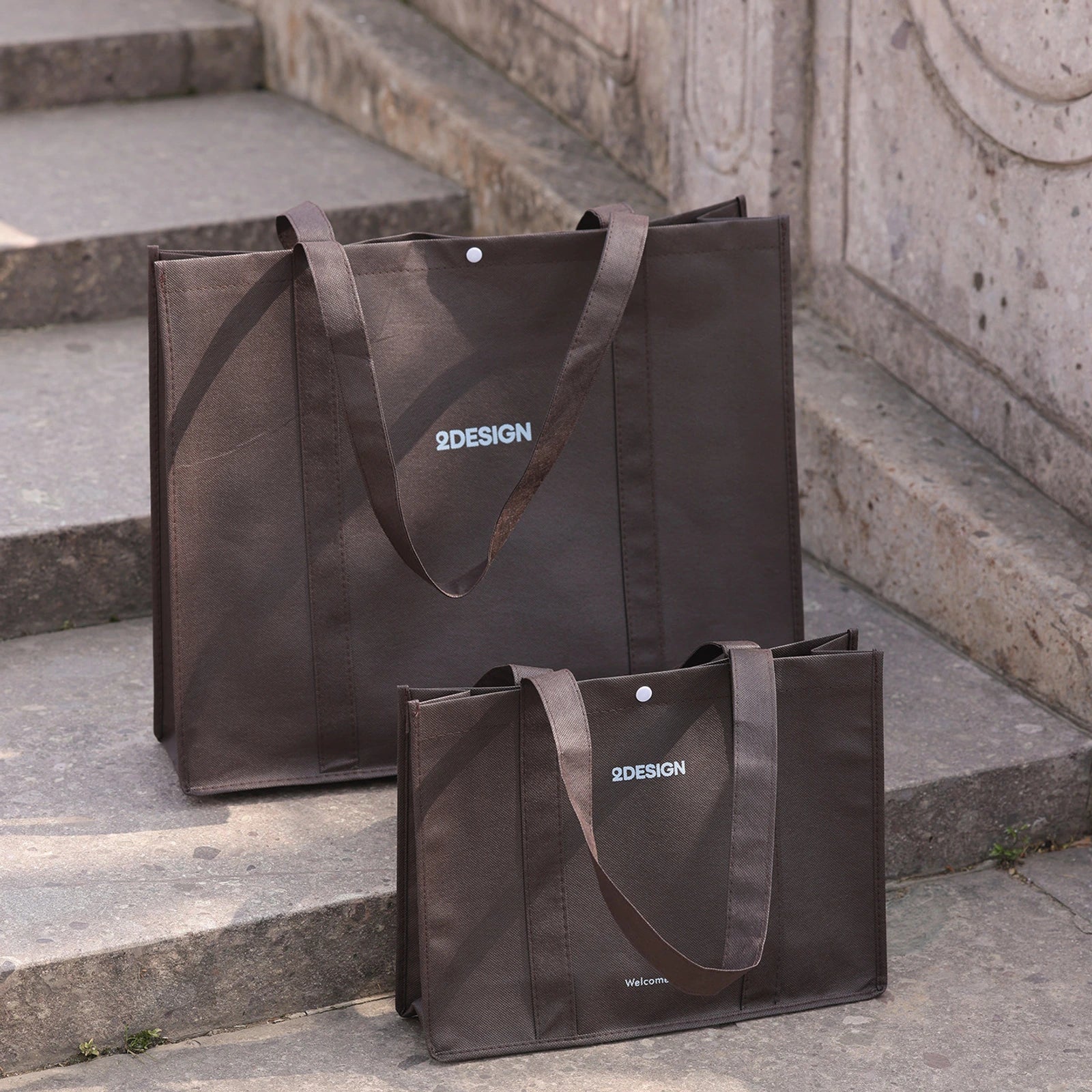 Stitched Non-Woven Tote Bags — 6 Styles — Tote — Coffee Brown with Blue Print