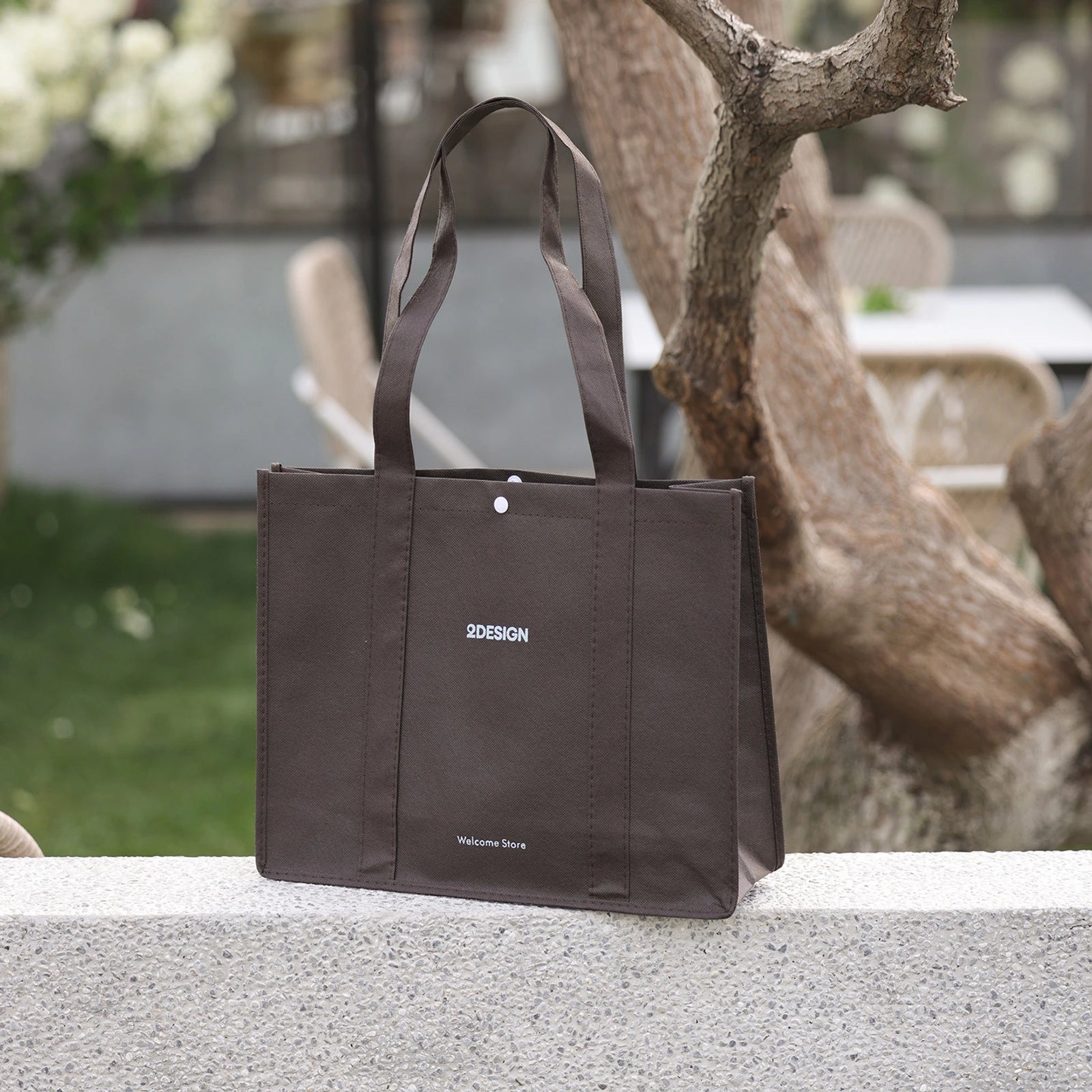 Stitched Non-Woven Tote Bags — 6 Styles — Tote — Coffee Brown with Blue Print
