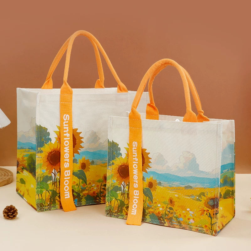 Sunflower floral canvas tote bags in two ready-stock sizes