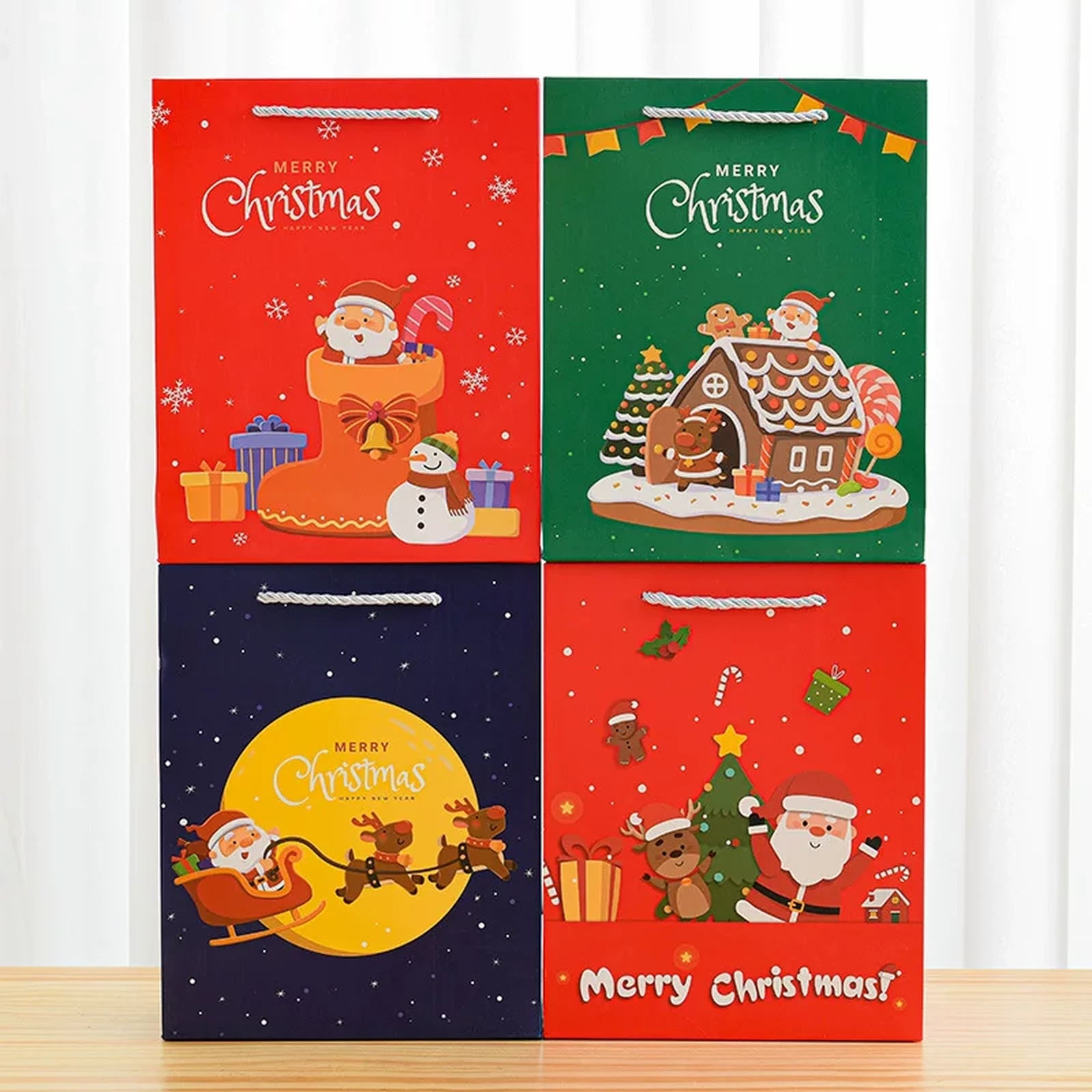 Tall White Cardstock Christmas Gift Bags with Rope Handles – product view