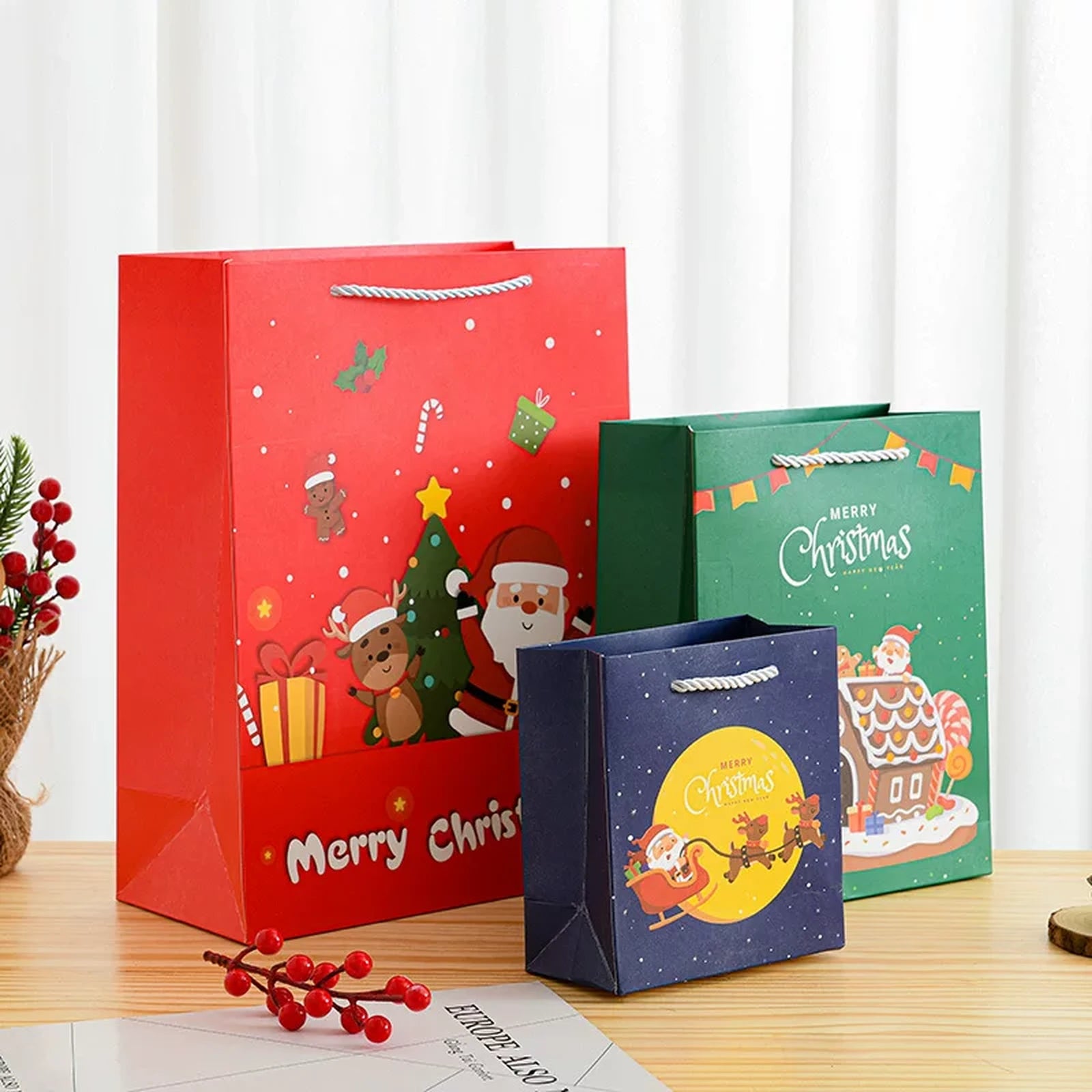 Tall White Cardstock Christmas Gift Bags with Rope Handles – product view