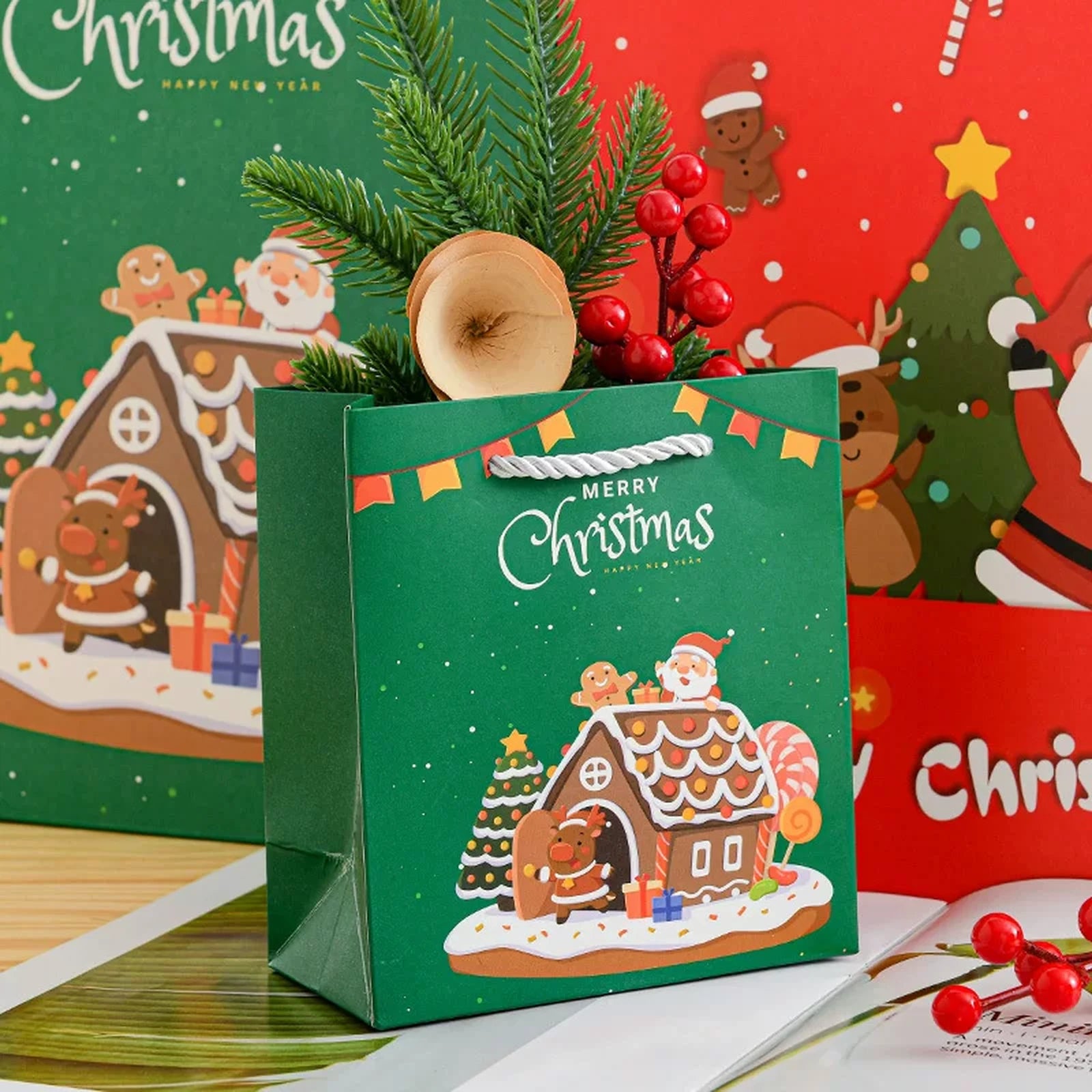 Tall White Cardstock Christmas Gift Bags with Rope Handles – product view
