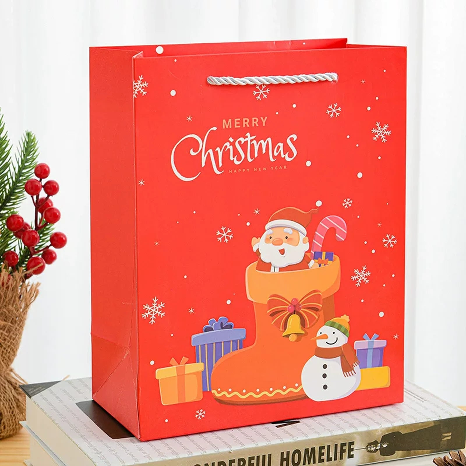 Tall White Cardstock Christmas Gift Bags with Rope Handles – ready-stock variant
