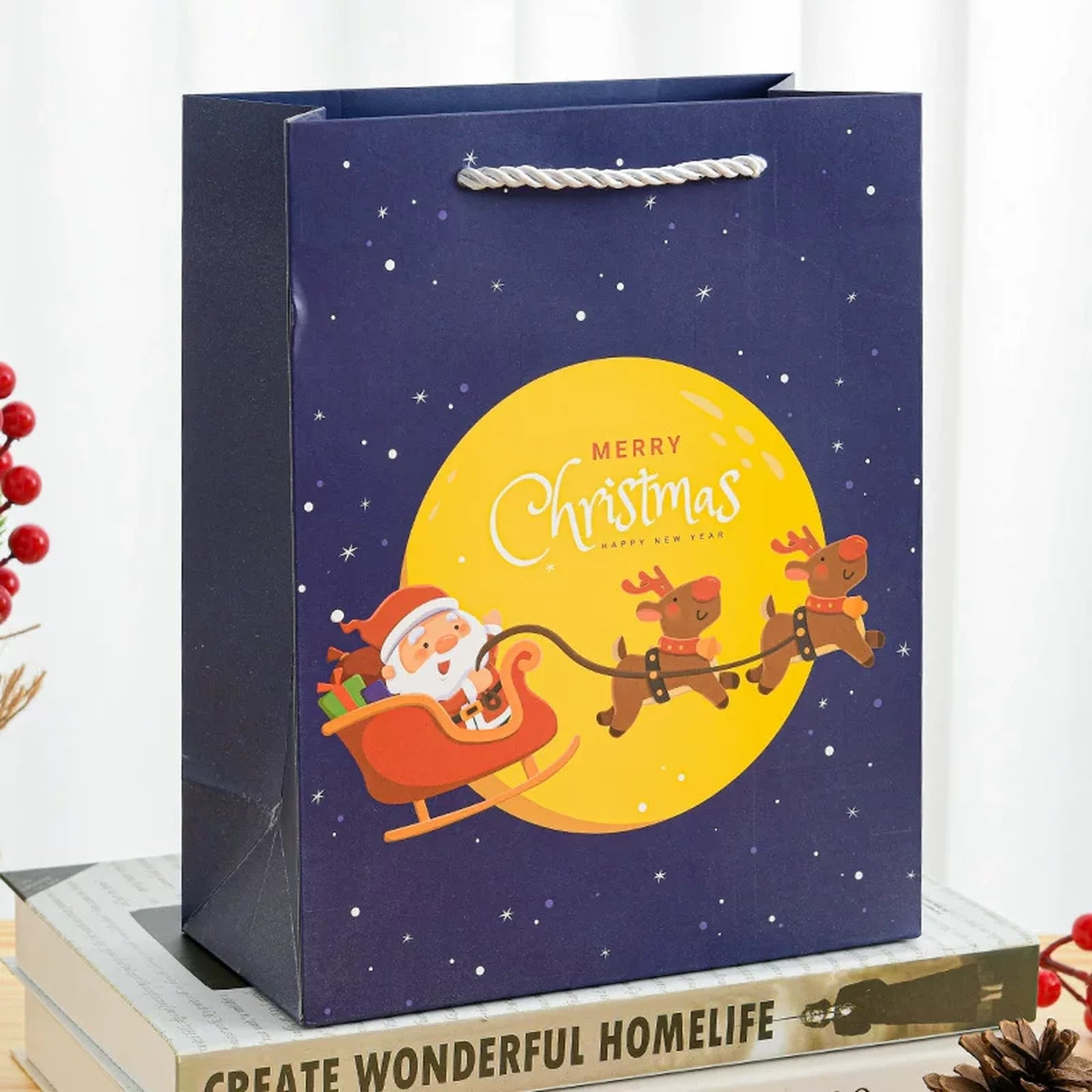 Tall White Cardstock Christmas Gift Bags with Rope Handles – ready-stock variant
