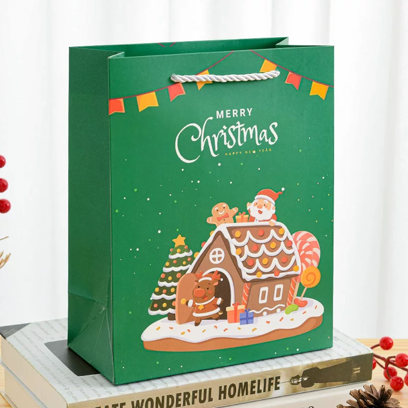 Tall White Cardstock Christmas Gift Bags with Rope Handles – ready-stock variant