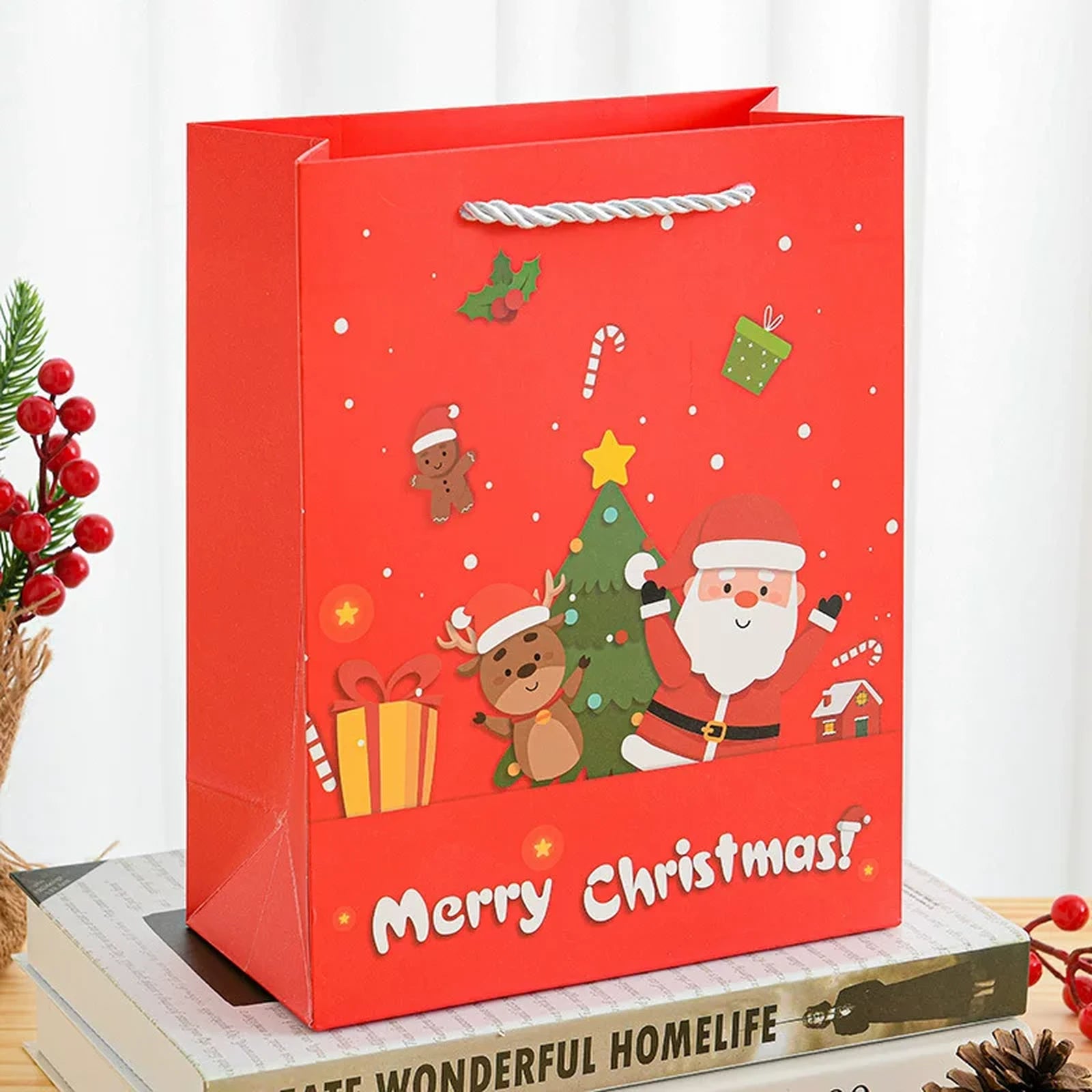 Tall White Cardstock Christmas Gift Bags with Rope Handles – ready-stock variant