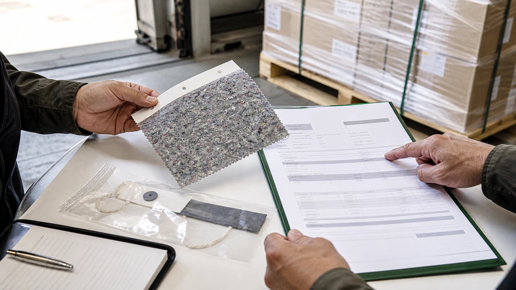 Procurement team matching a recycled fabric swatch to batch documents and a sealed shipment