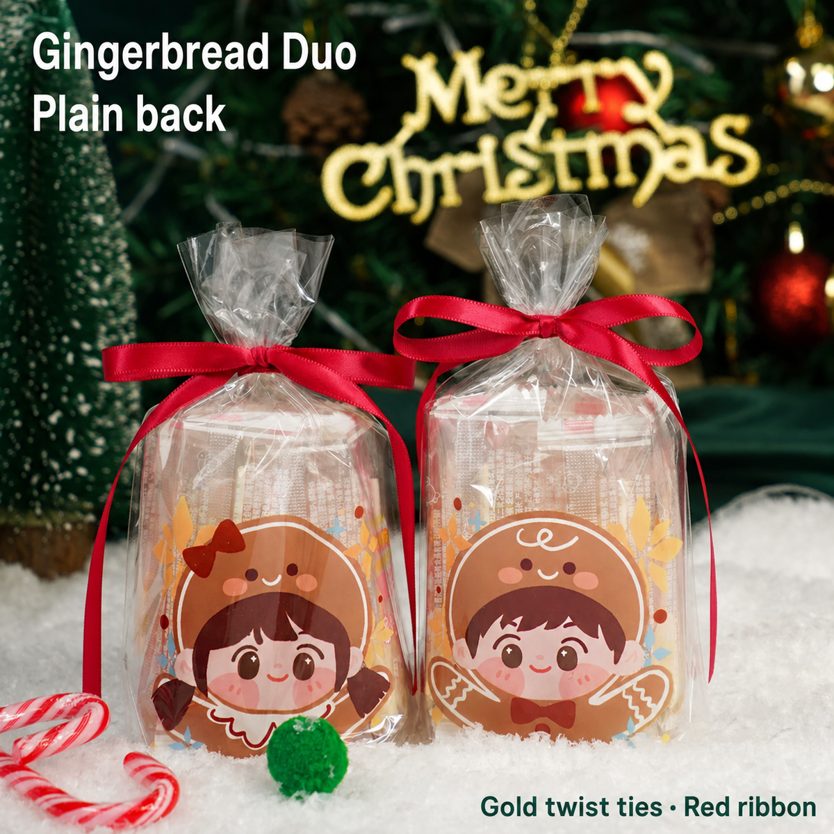 Bolsa de regalo de Navidad de dúo de pan de jengibre OPP transparente con corbata de oro