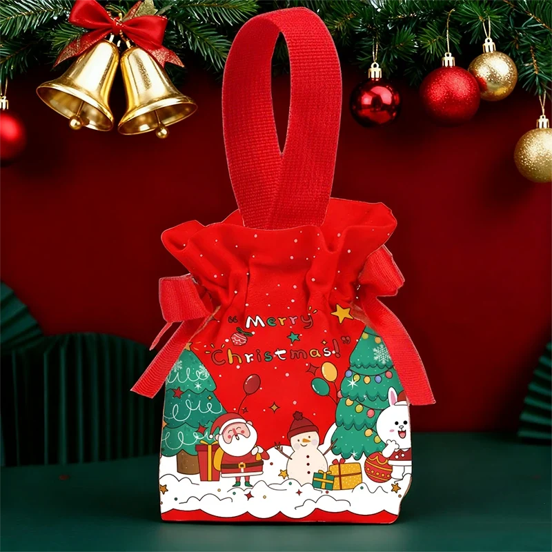 Red soft-fabric Christmas drawstring gift pouch with loop handle and Christmas Forest sample design