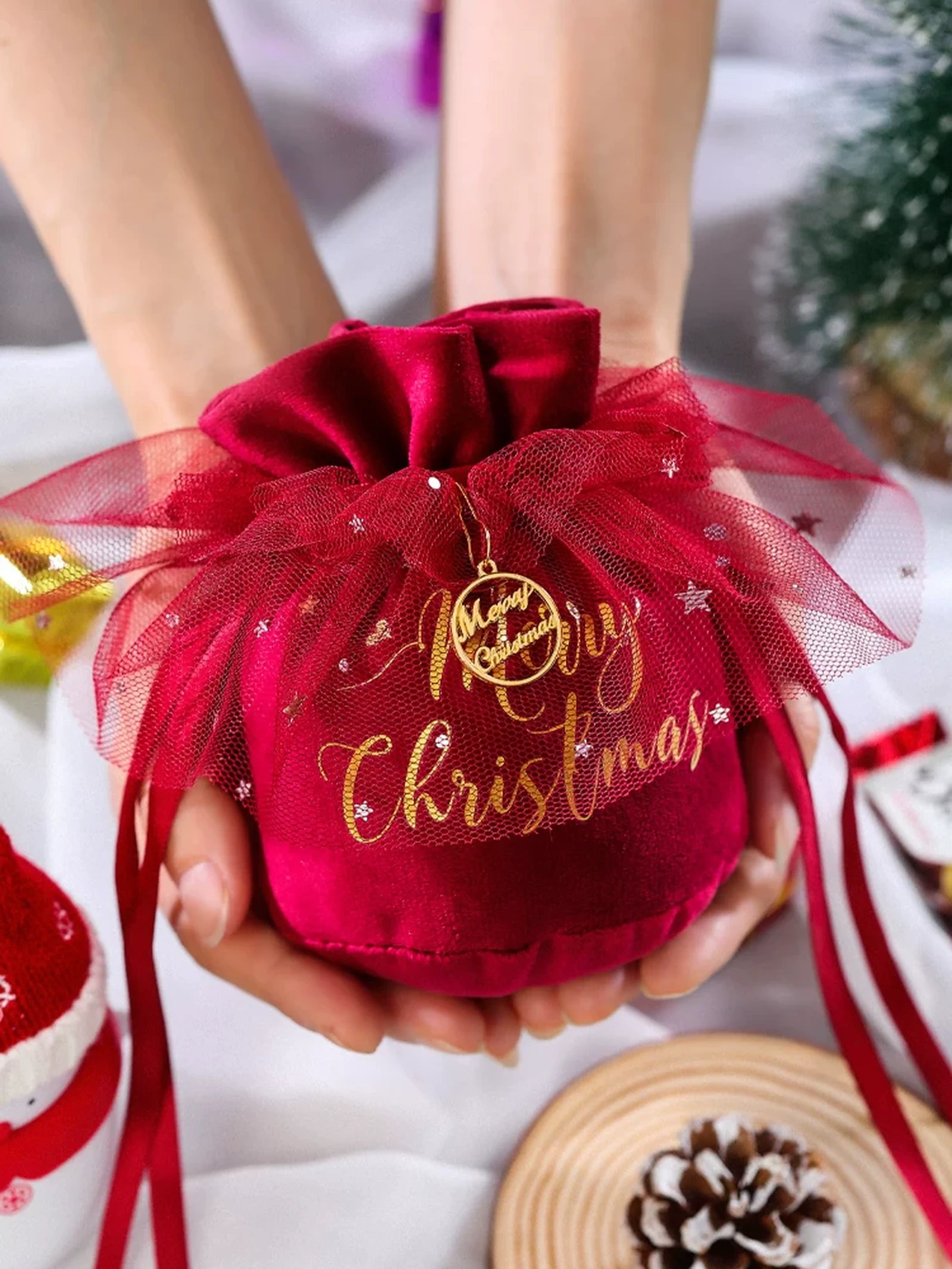 Velvet Drawstring Christmas Gift Pouches with Mesh Overlay – product view