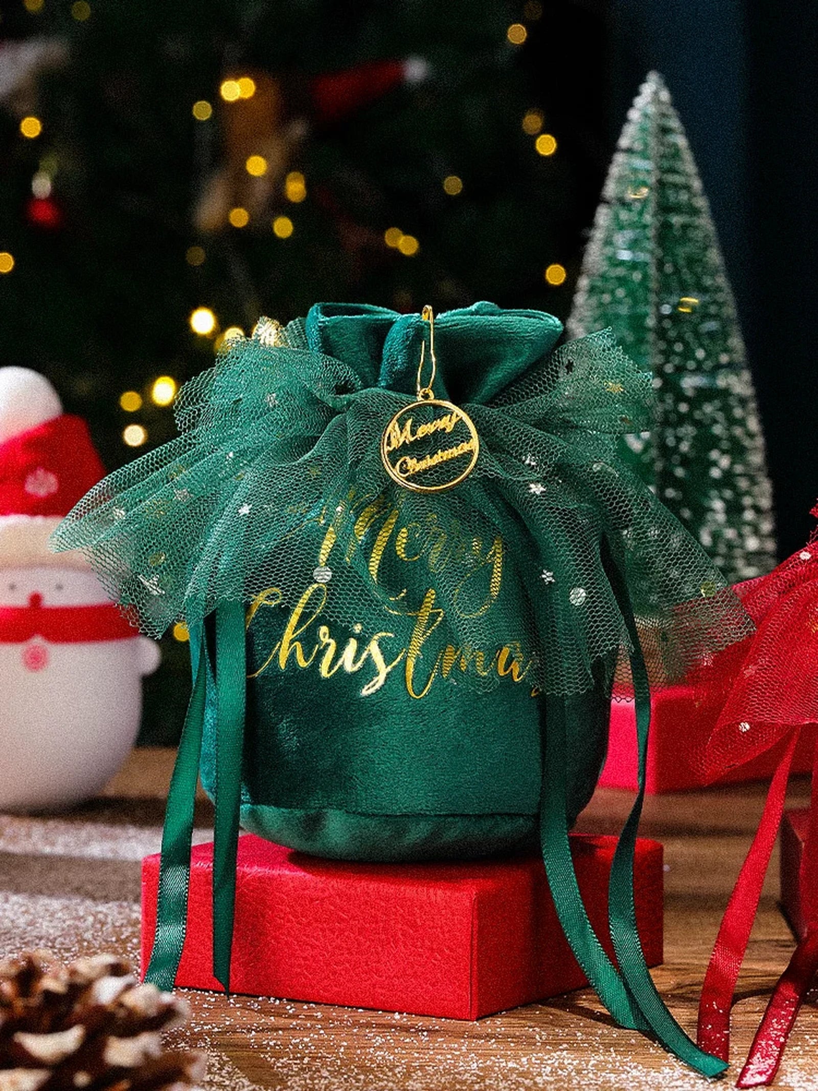 Velvet Drawstring Christmas Gift Pouches with Mesh Overlay – product view