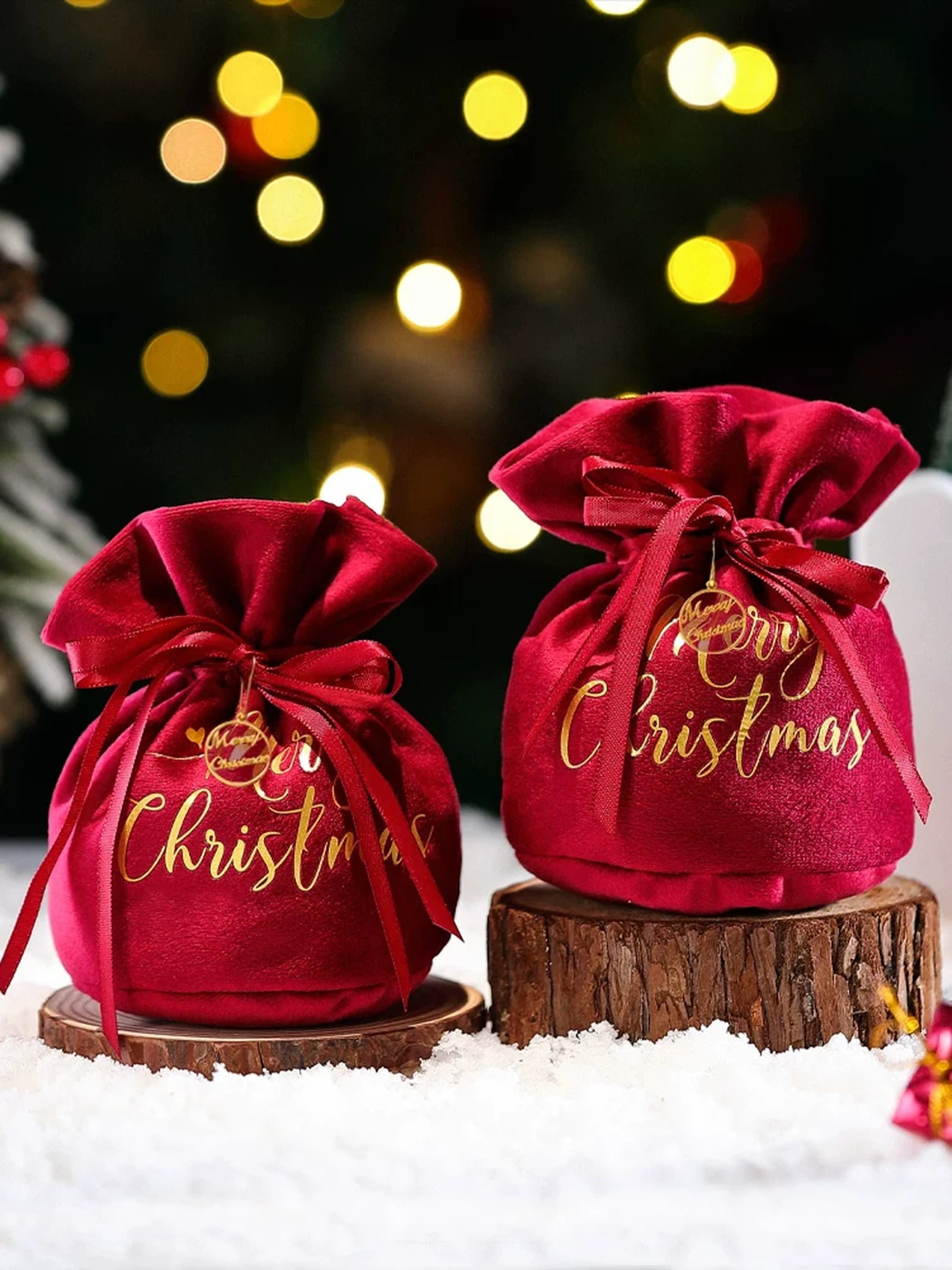 Velvet Drawstring Christmas Gift Pouches with Mesh Overlay – product view