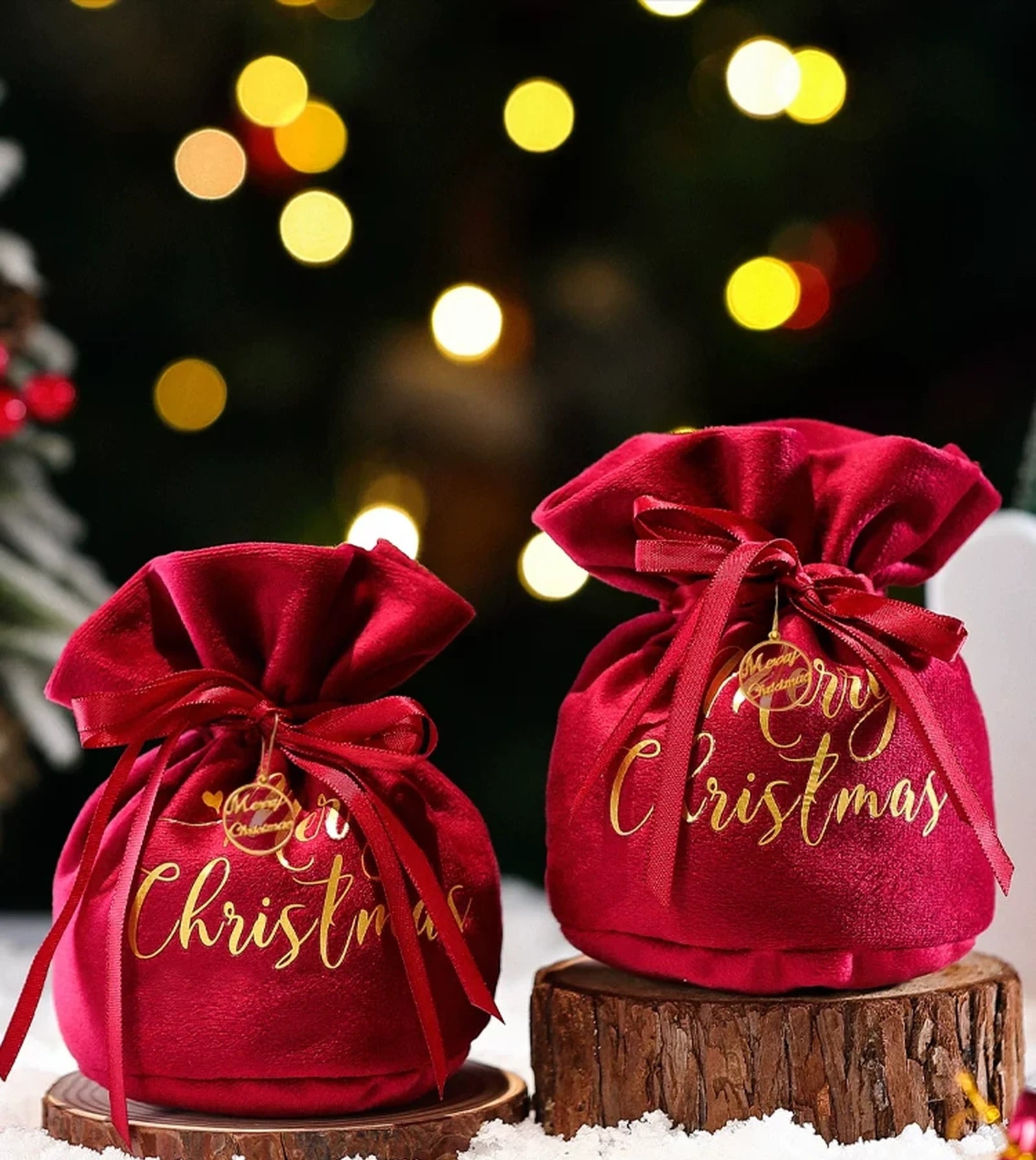 Velvet Drawstring Christmas Gift Pouches with Mesh Overlay – ready-stock option