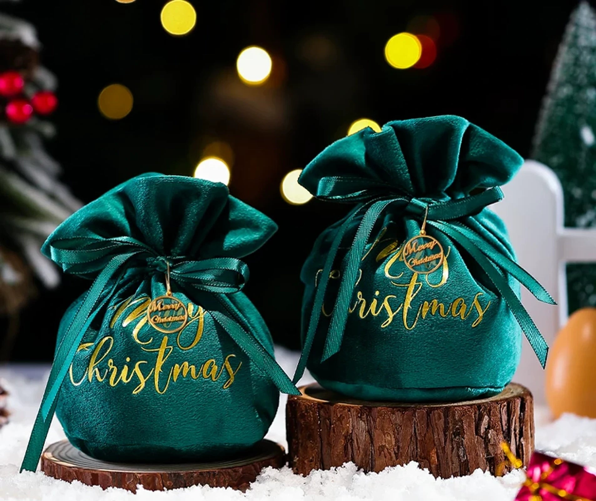 Velvet Drawstring Christmas Gift Pouches with Mesh Overlay – ready-stock option