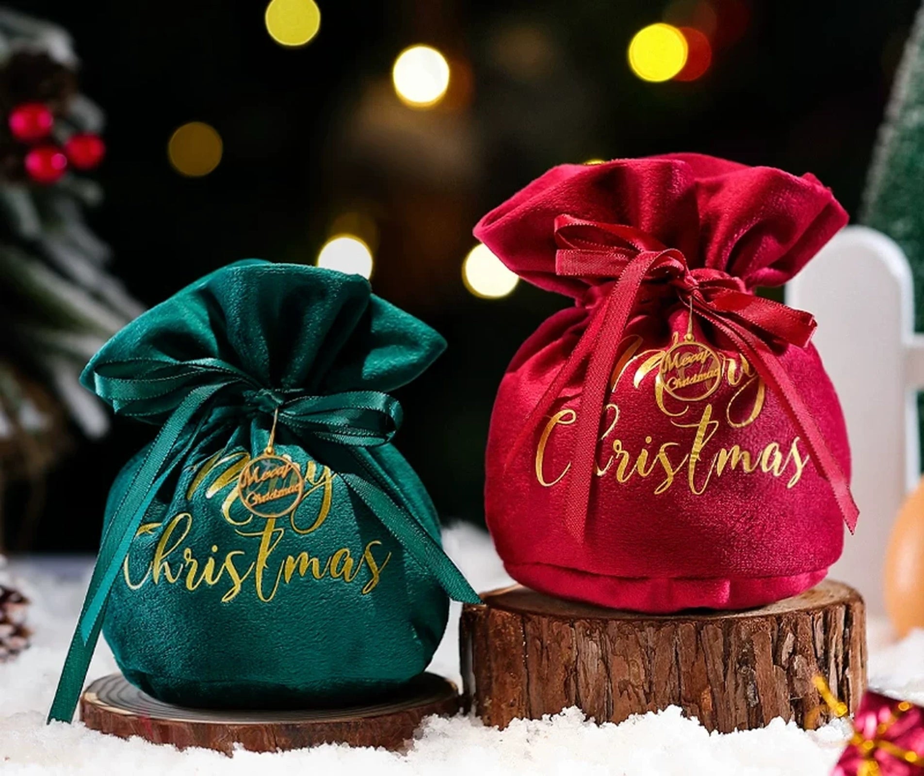 Velvet Drawstring Christmas Gift Pouches with Mesh Overlay – ready-stock option