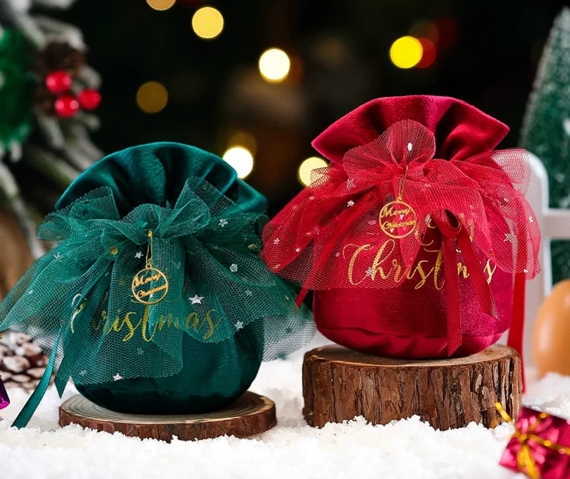 Velvet Drawstring Christmas Gift Pouches with Mesh Overlay – ready-stock option