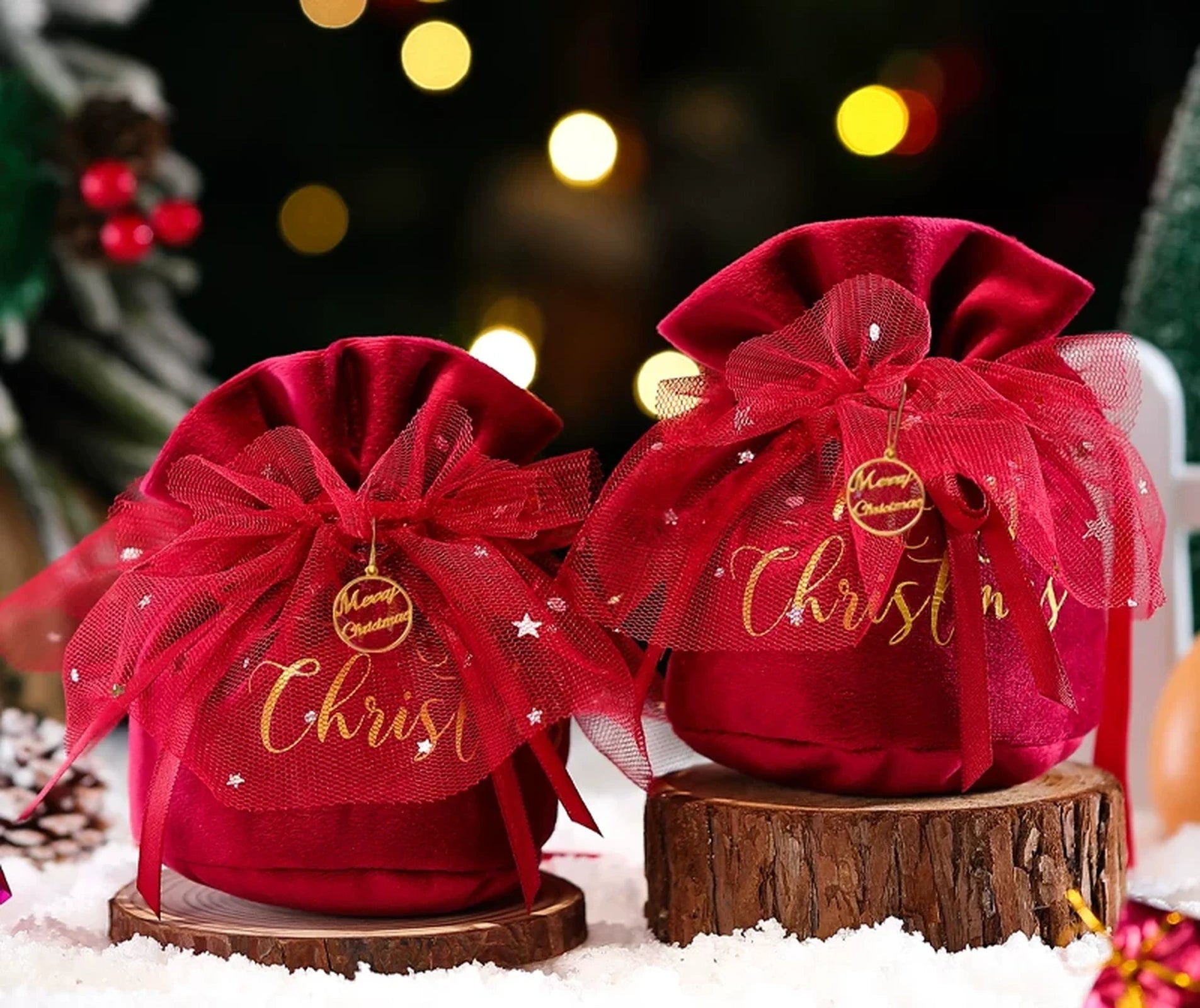 Velvet Drawstring Christmas Gift Pouches with Mesh Overlay – ready-stock option