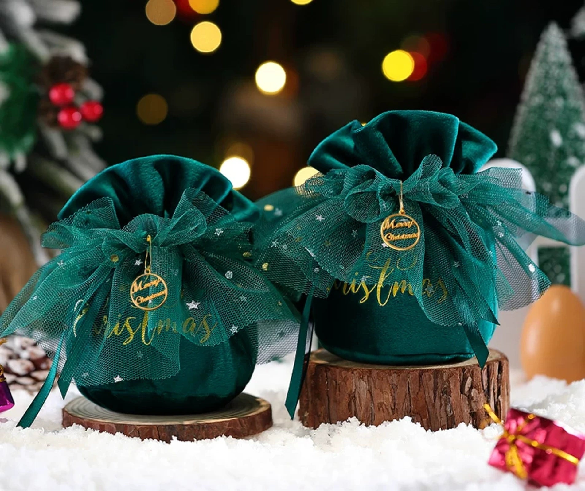 Velvet Drawstring Christmas Gift Pouches with Mesh Overlay – ready-stock option