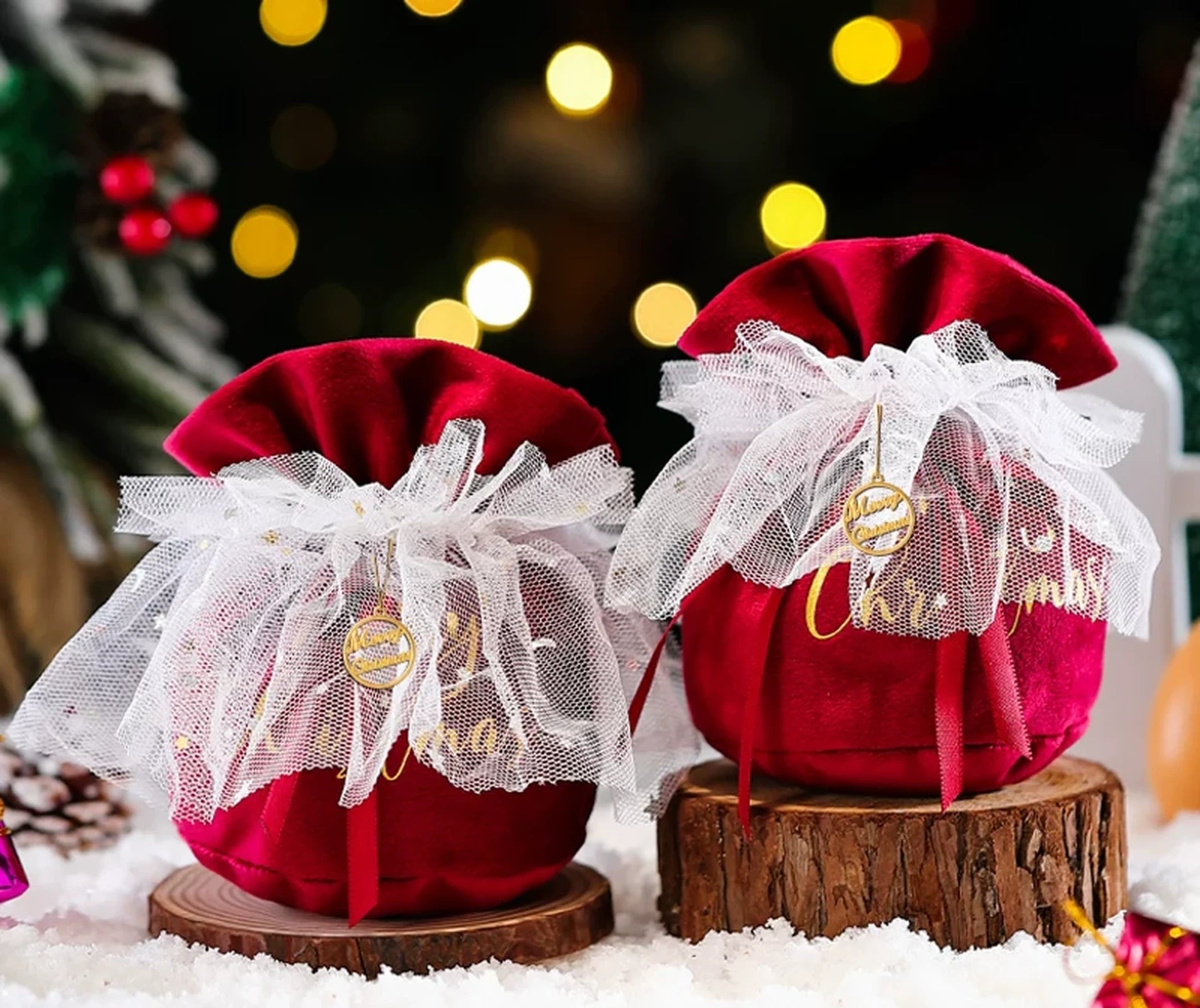 Velvet Drawstring Christmas Gift Pouches with Mesh Overlay – ready-stock option