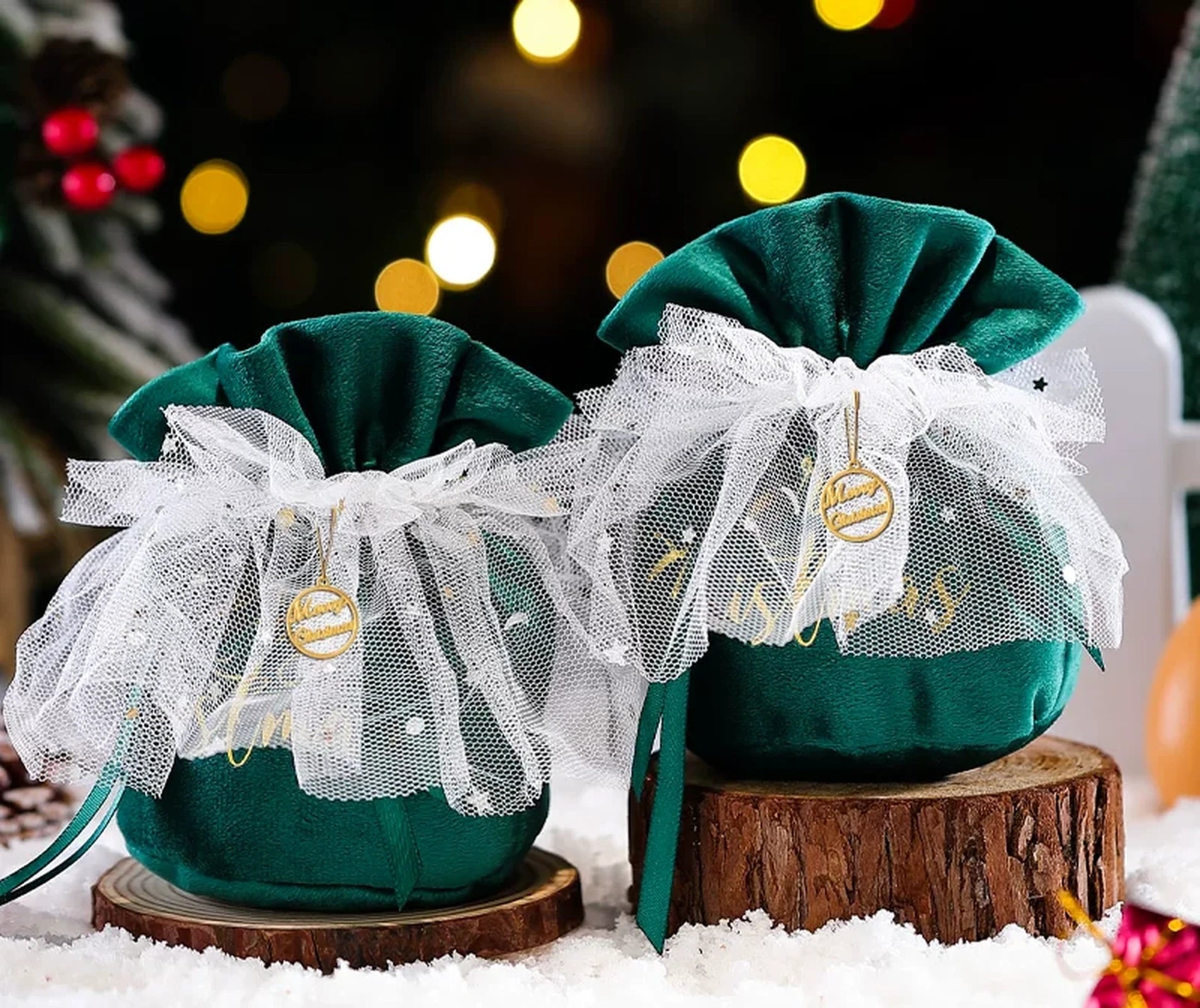 Velvet Drawstring Christmas Gift Pouches with Mesh Overlay – ready-stock option