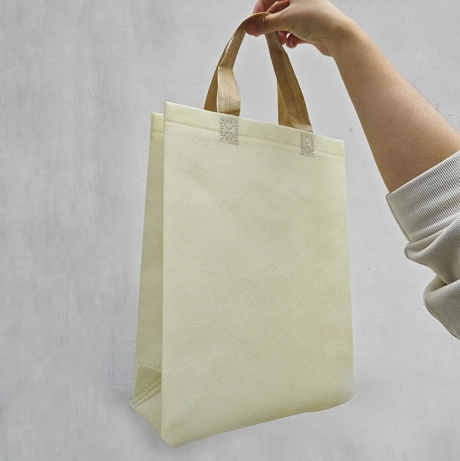Beige with Brown Handles vertical non-woven tote bags — 30 colors