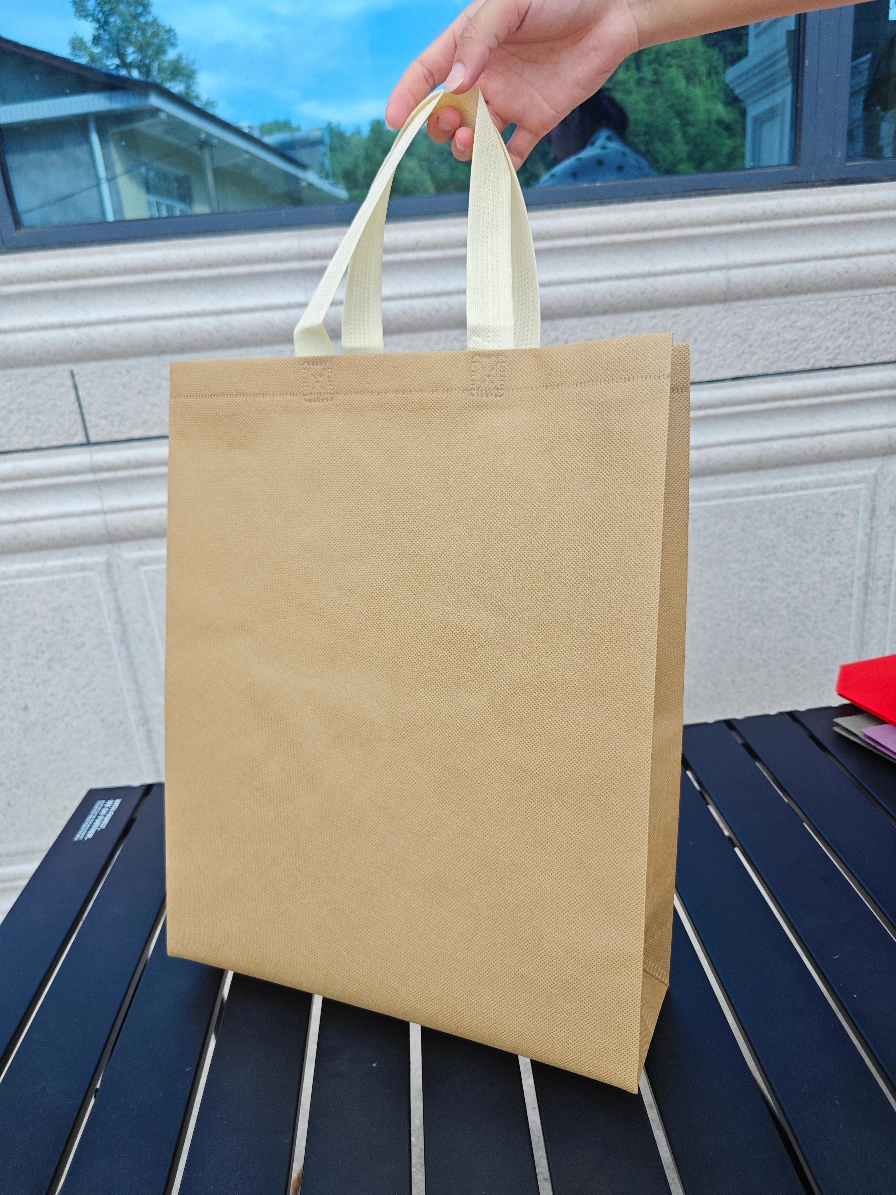 Khaki with Beige Handles vertical non-woven tote bags — 30 colors
