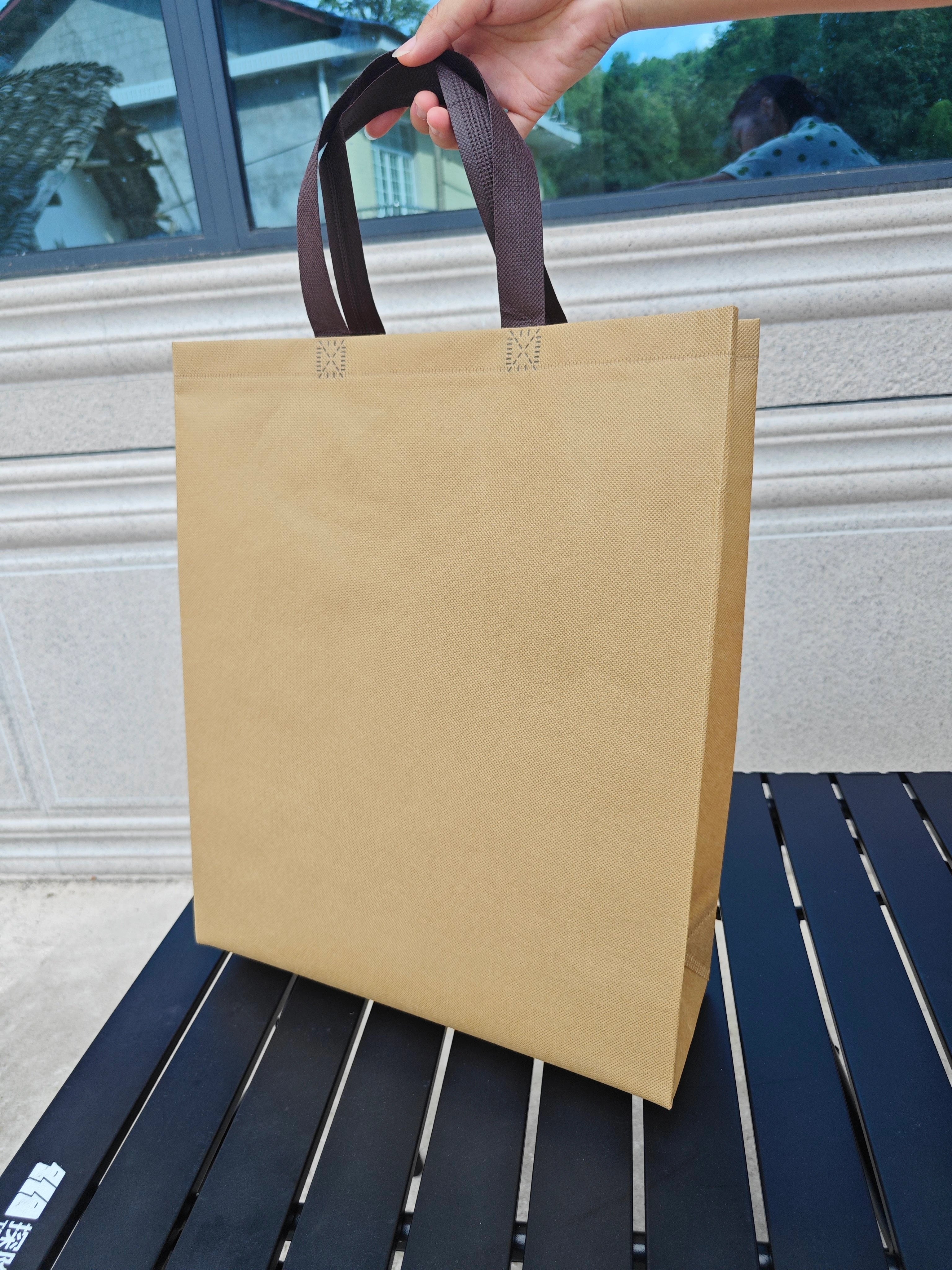 Khaki with Brown Handles vertical non-woven tote bags — 30 colors