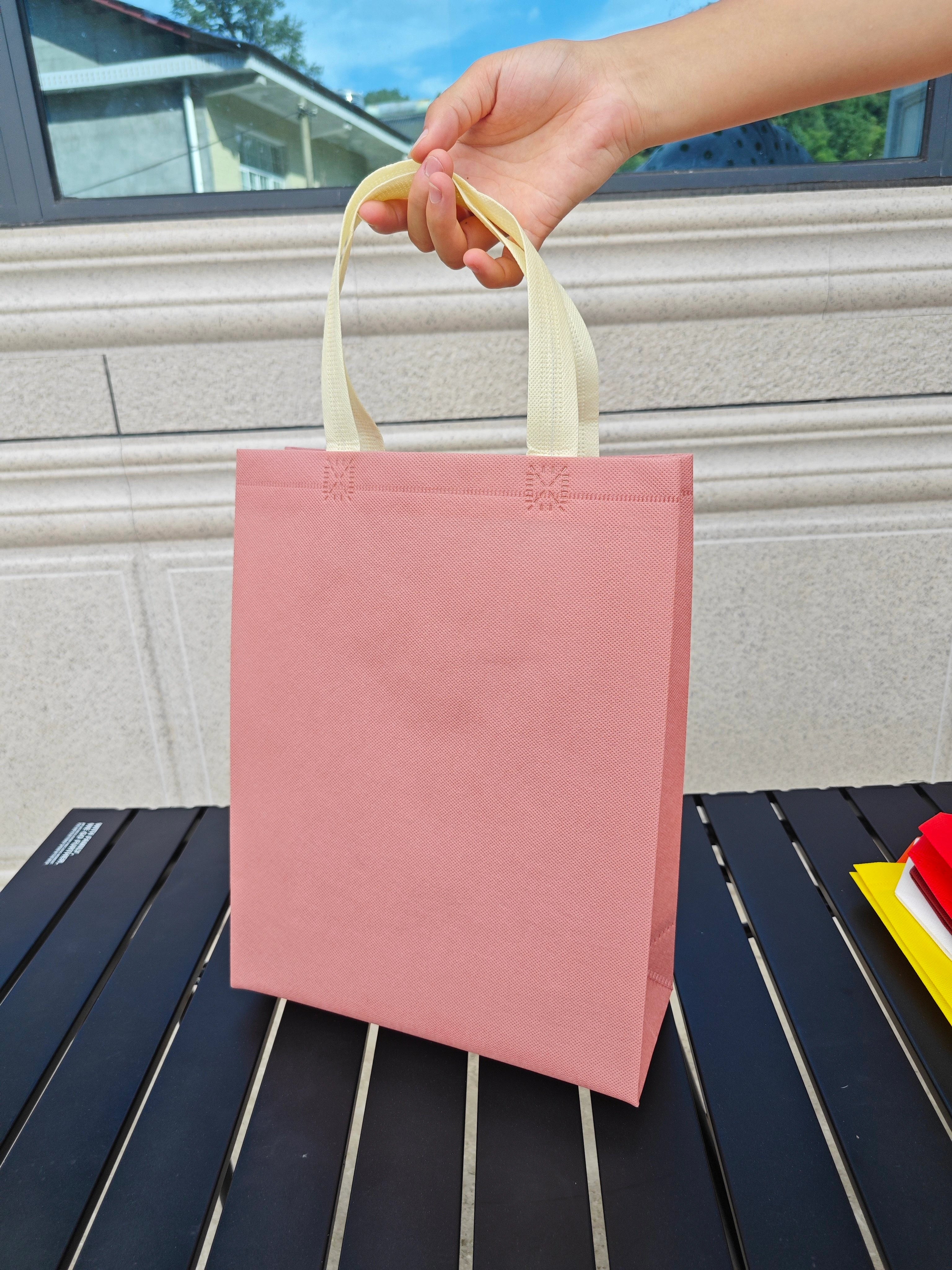 Pink with Beige Handles vertical non-woven tote bags — 30 colors