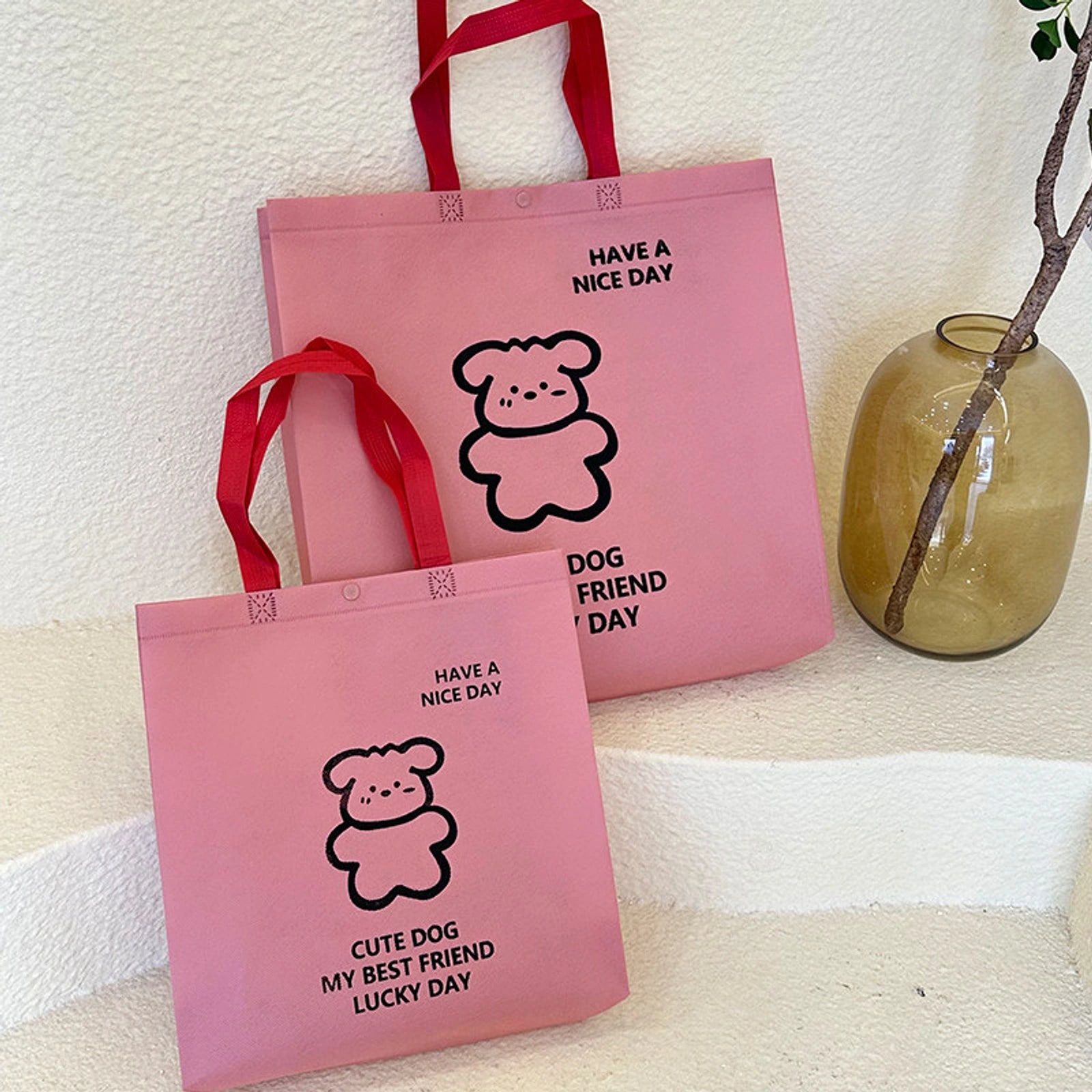 Vertical Non-Woven Tote Bags — 8 Styles — Blush PinkPuppy PrintSnap Closure