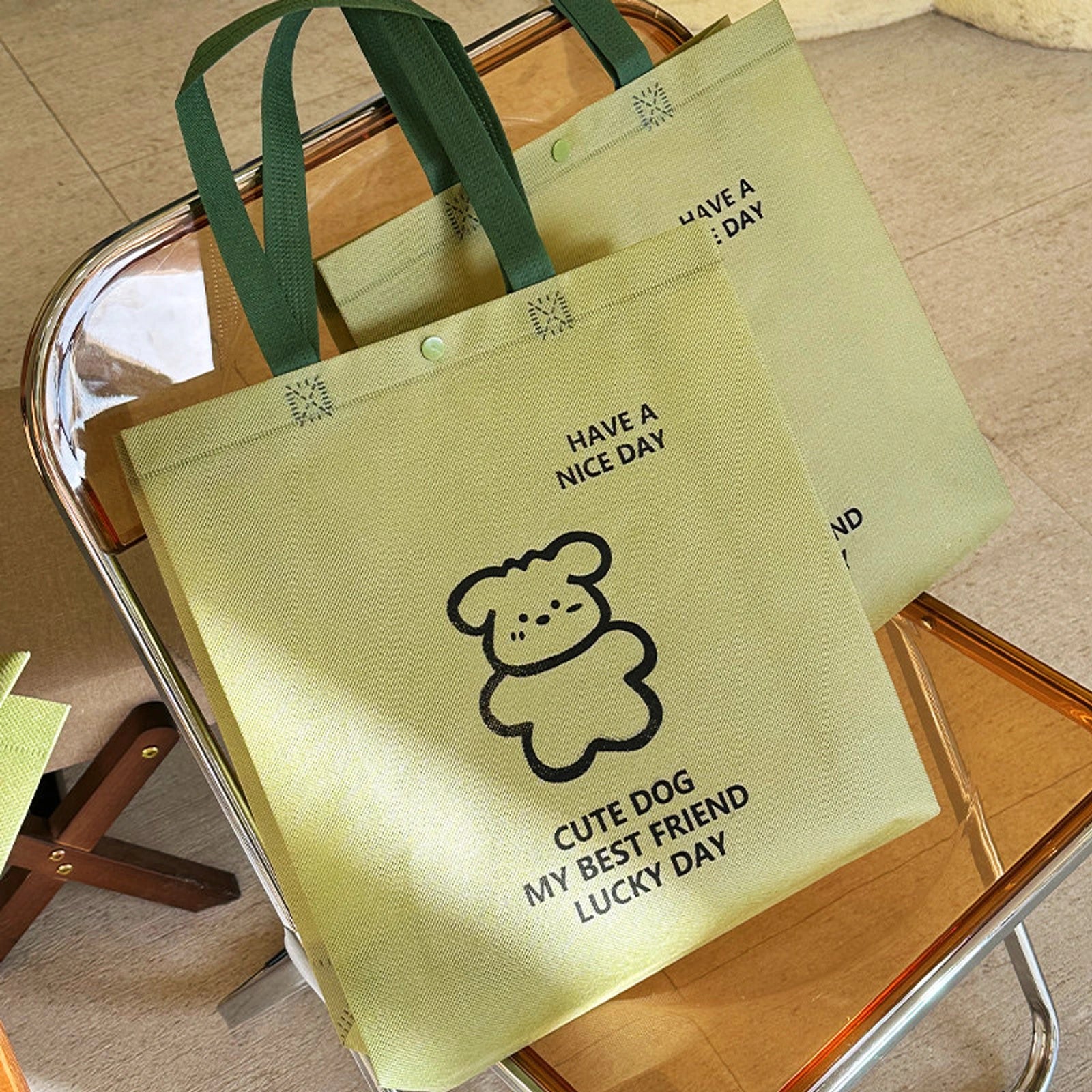 Vertical Non-Woven Tote Bags — 8 Styles — Matcha GreenPuppy PrintSnap Closure