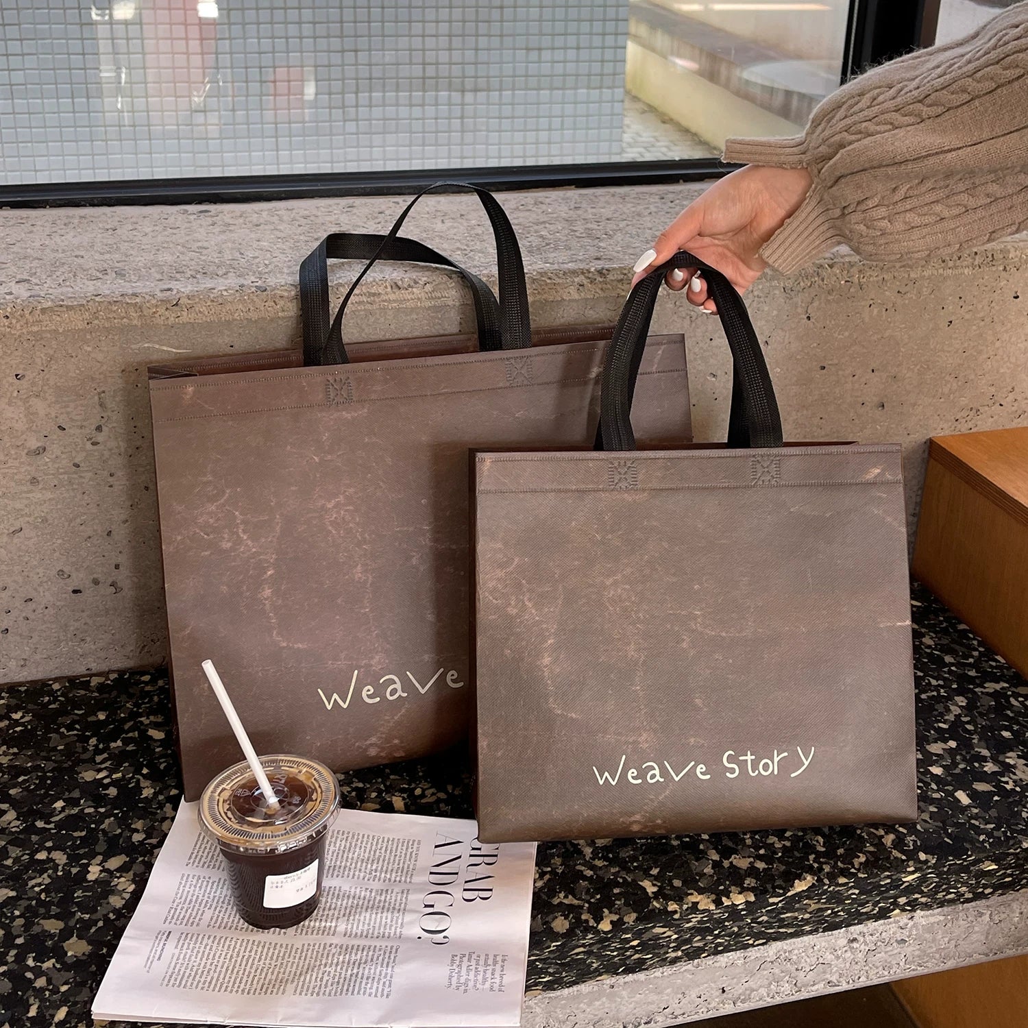 Vintage brown Weave Story laminated non-woven tote