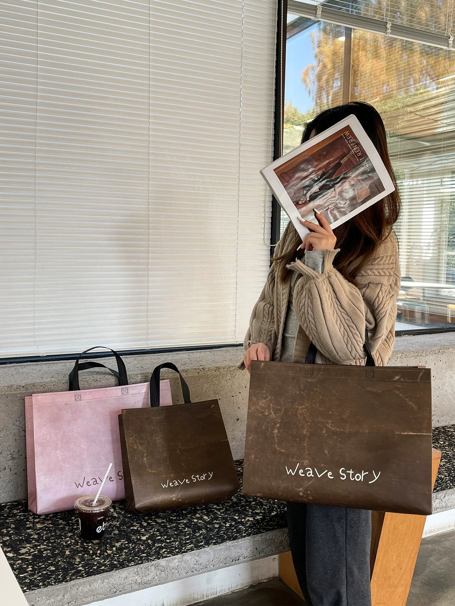Vintage pink and brown laminated non-woven tote bags