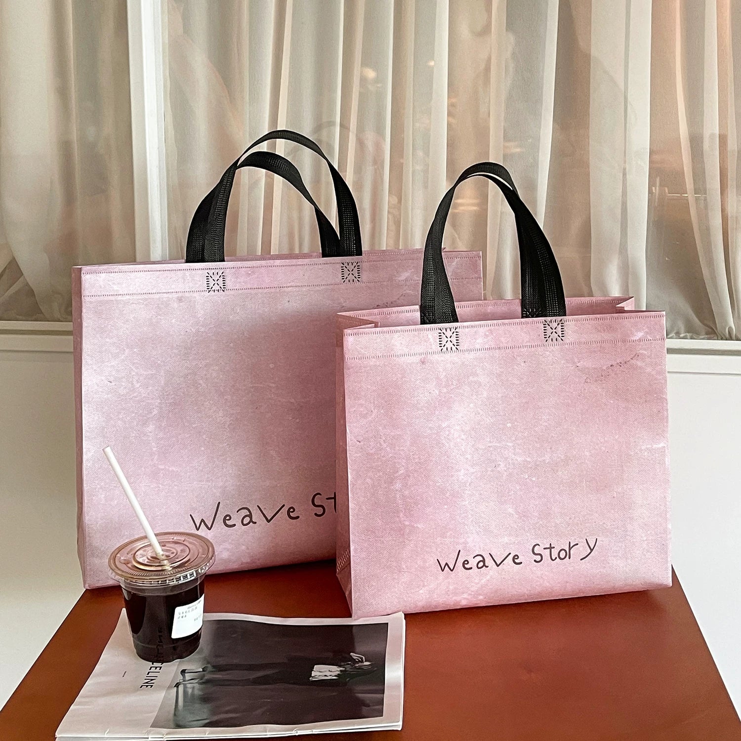 Vintage pink Weave Story laminated non-woven tote